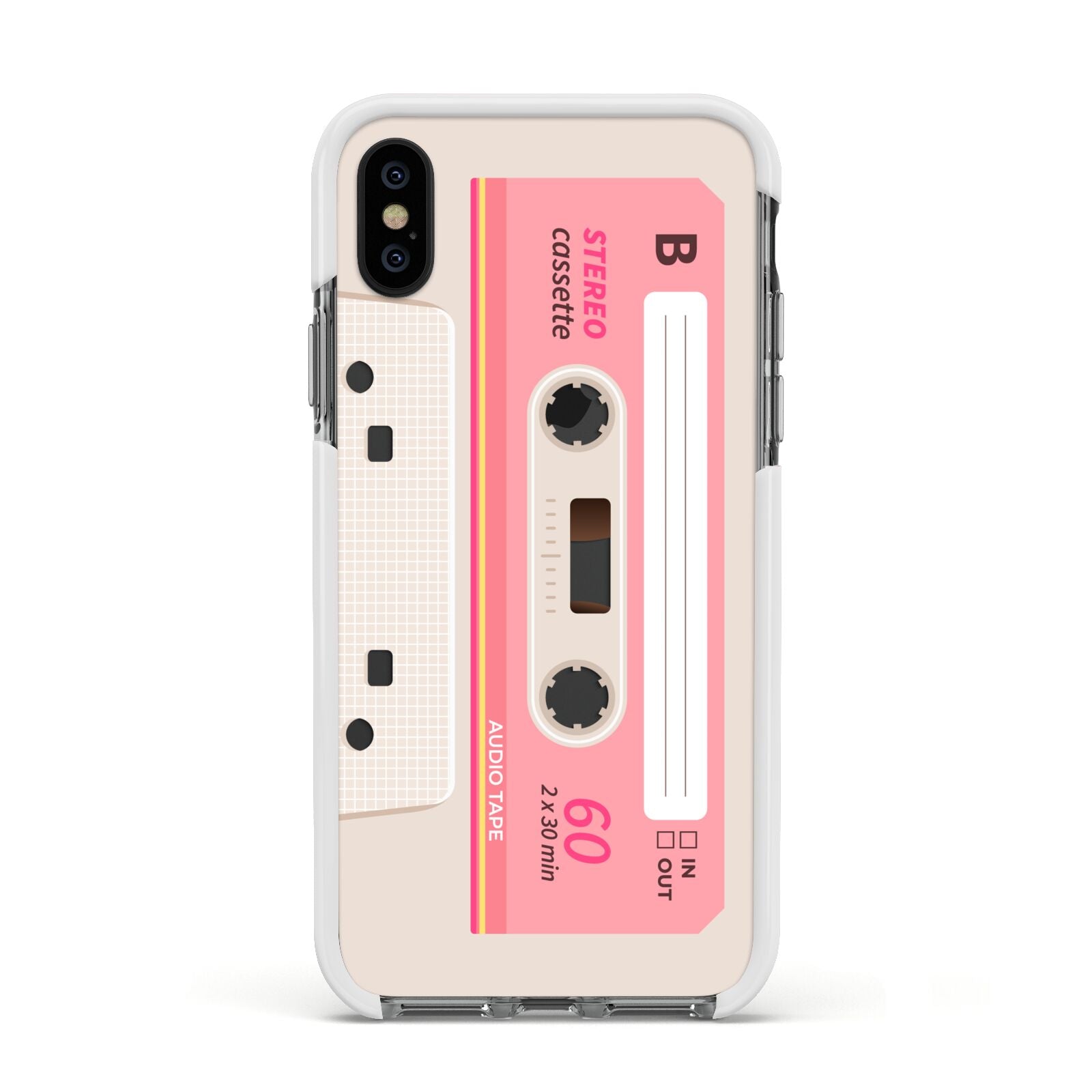 Retro Pink Tape Apple iPhone Xs Impact Case White Edge on Black Phone