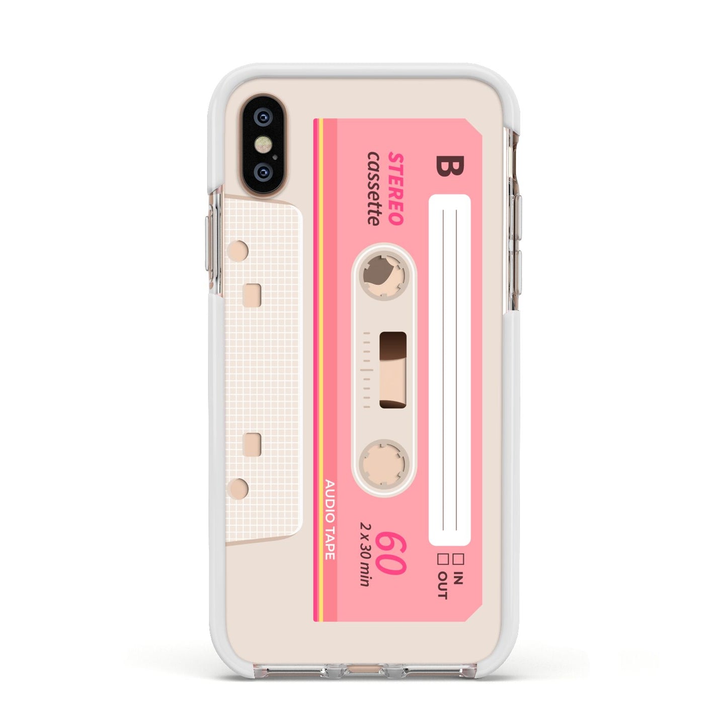 Retro Pink Tape Apple iPhone Xs Impact Case White Edge on Gold Phone