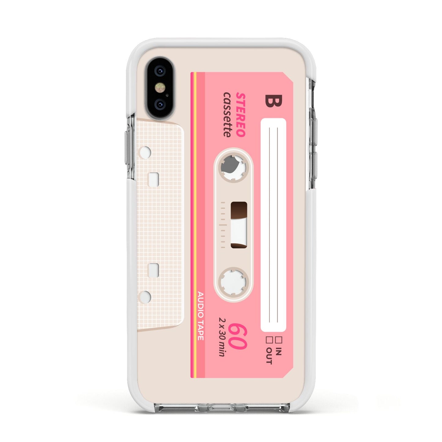 Retro Pink Tape Apple iPhone Xs Impact Case White Edge on Silver Phone