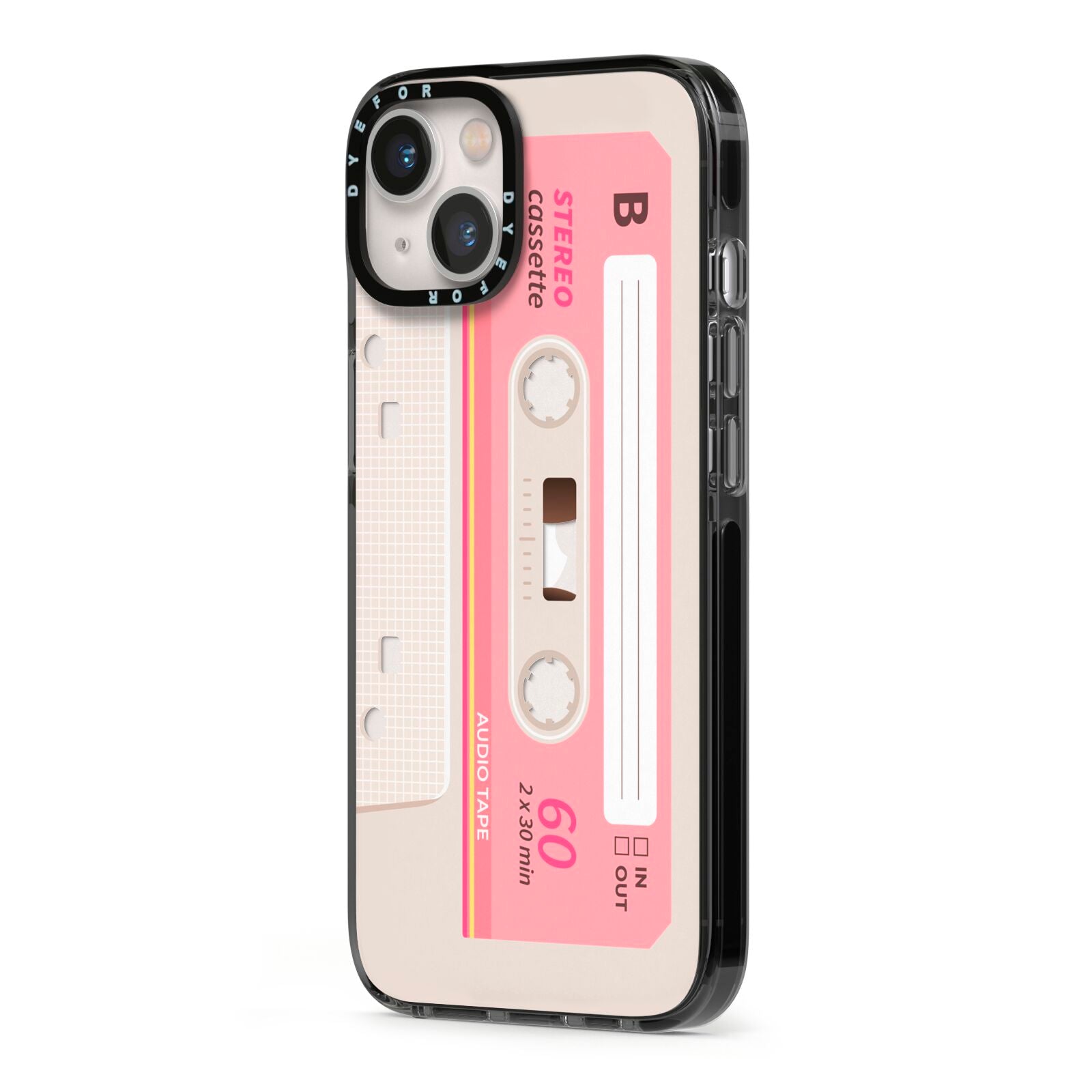 Retro Pink Tape iPhone 13 Black Impact Case Side Angle on Silver phone