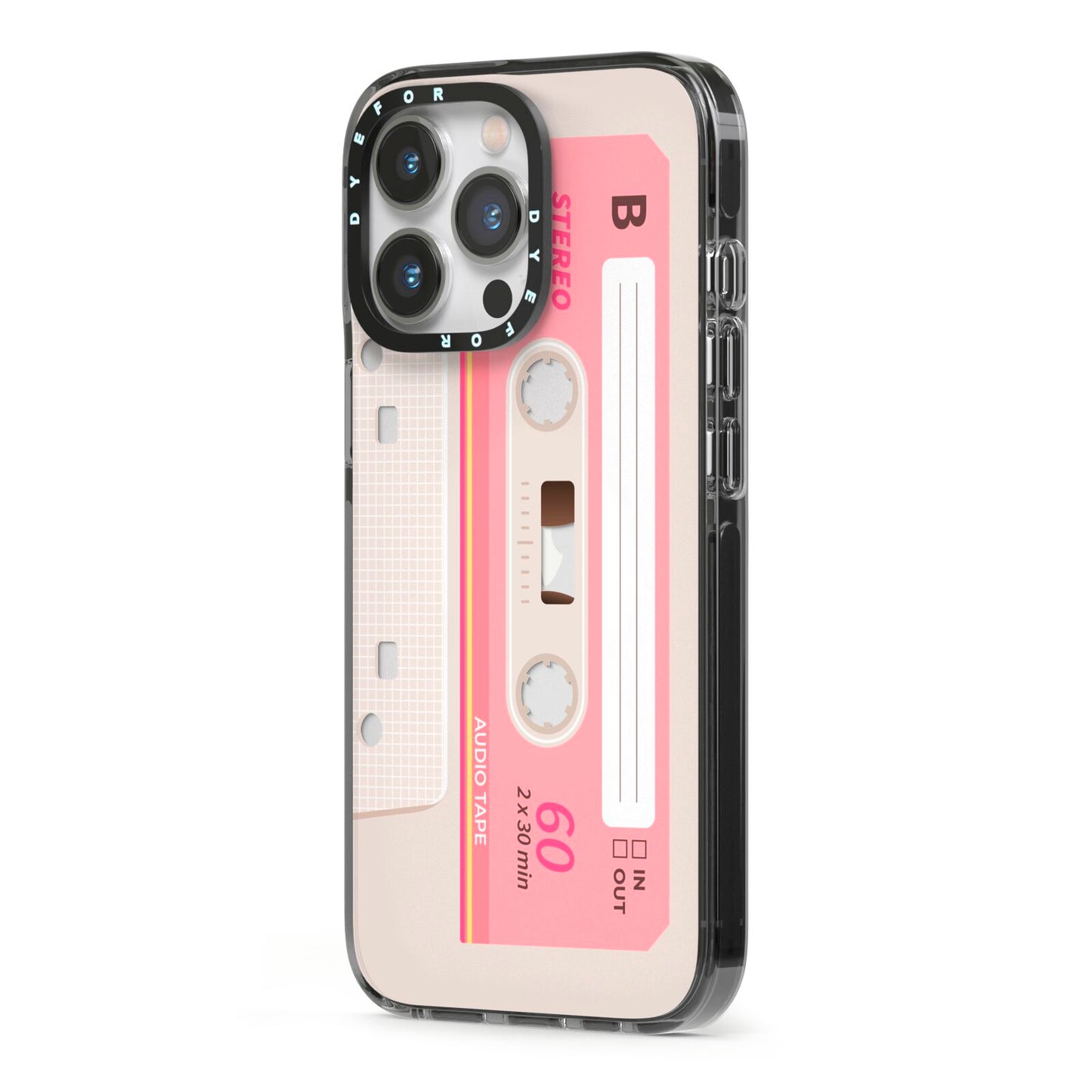 Retro Pink Tape iPhone 13 Pro Black Impact Case Side Angle on Silver phone