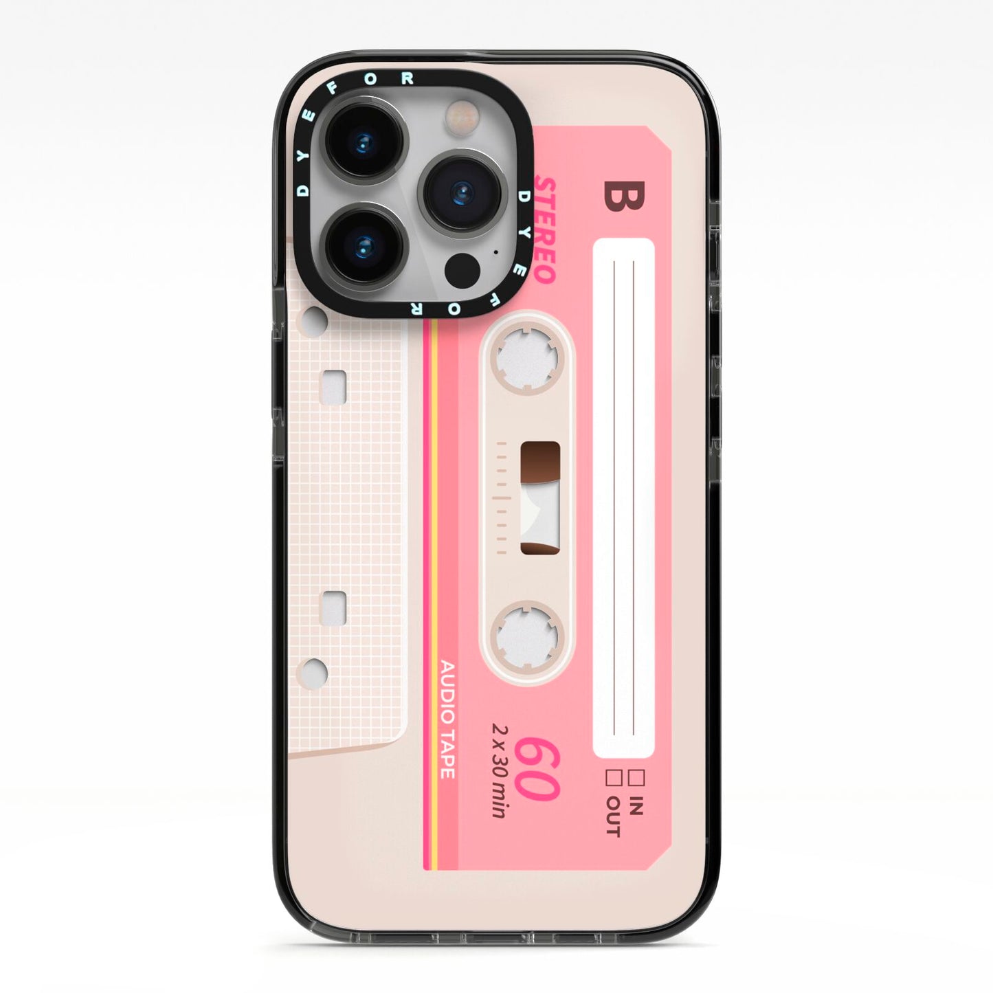 Retro Pink Tape iPhone 13 Pro Black Impact Case on Silver phone