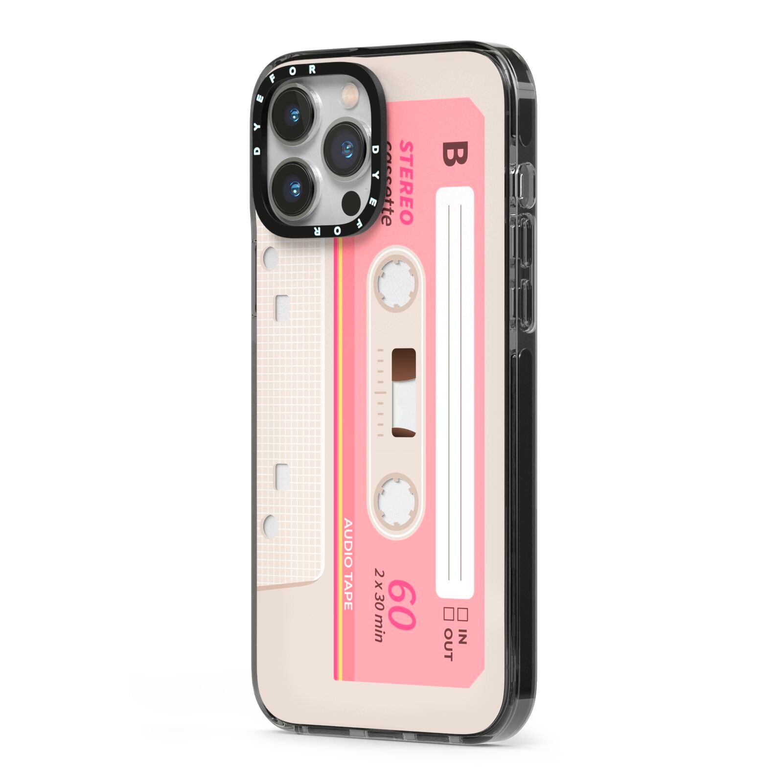 Retro Pink Tape iPhone 13 Pro Max Black Impact Case Side Angle on Silver phone