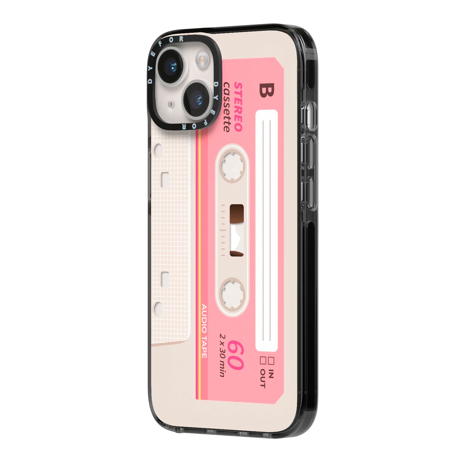 Retro Pink Tape iPhone 14 Black Impact Case Side Angle on Silver phone