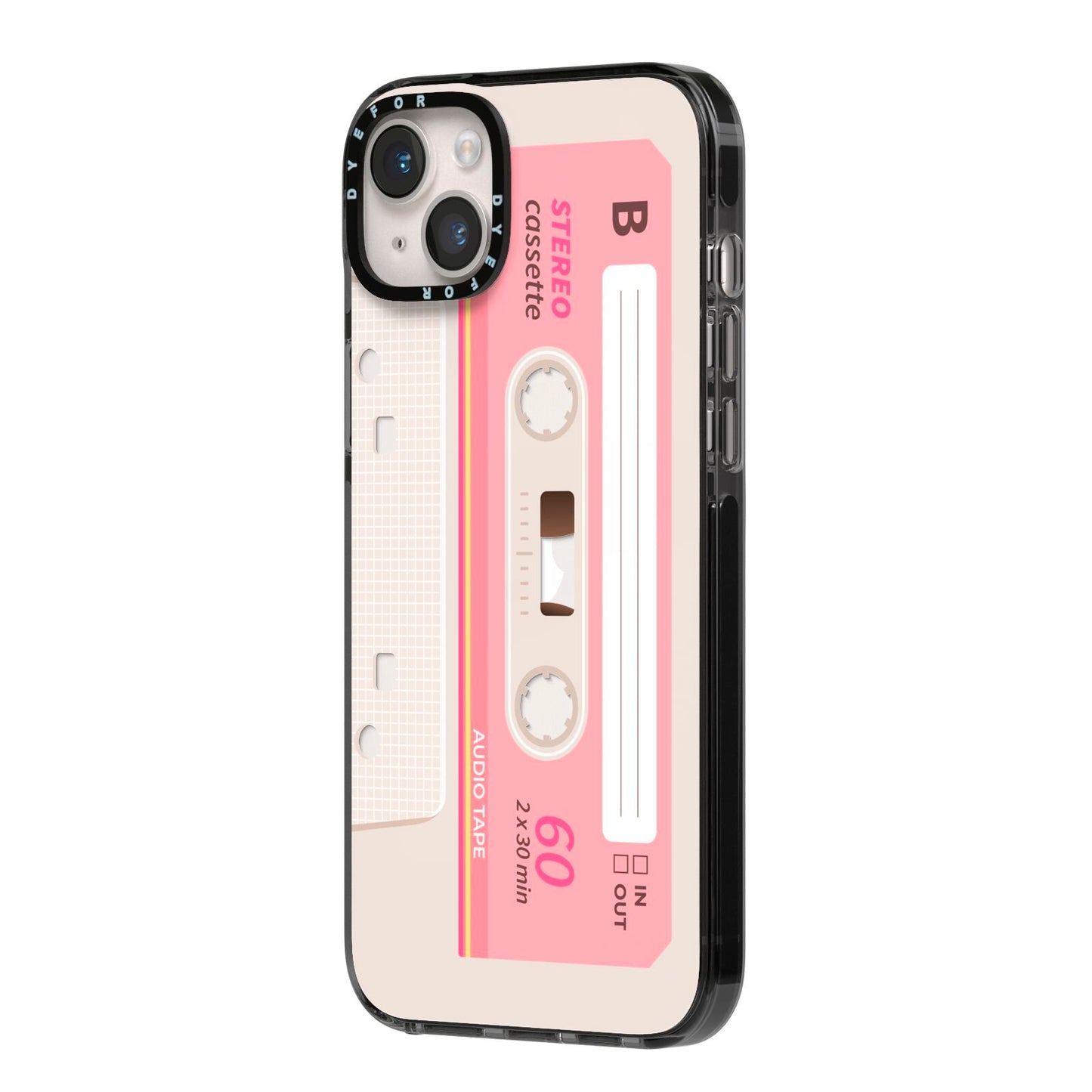 Retro Pink Tape iPhone 14 Plus Black Impact Case Side Angle on Silver phone