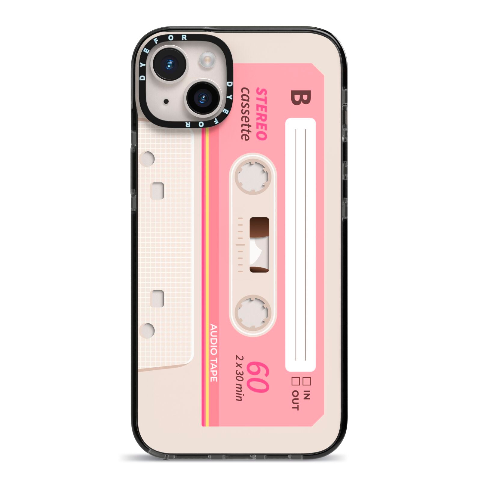 Retro Pink Tape iPhone 14 Plus Black Impact Case on Silver phone