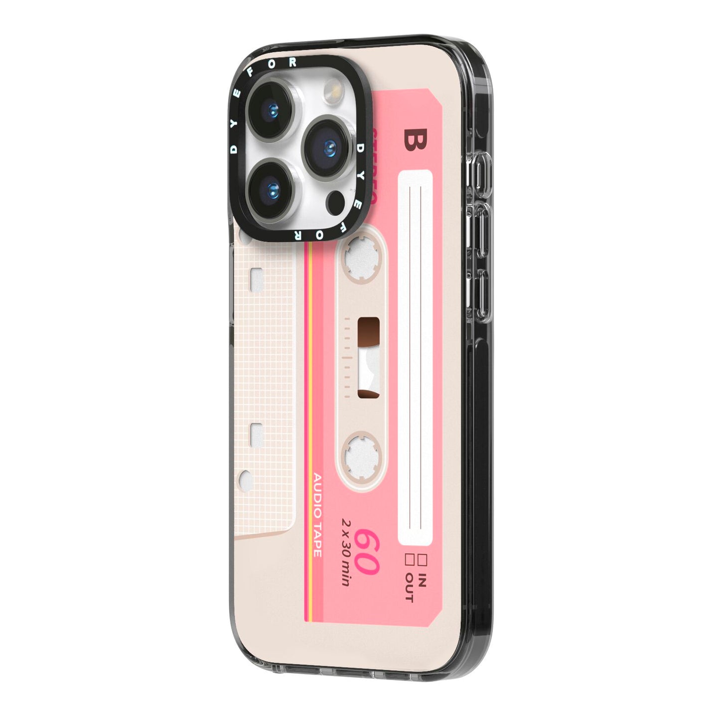 Retro Pink Tape iPhone 14 Pro Black Impact Case Side Angle on Silver phone