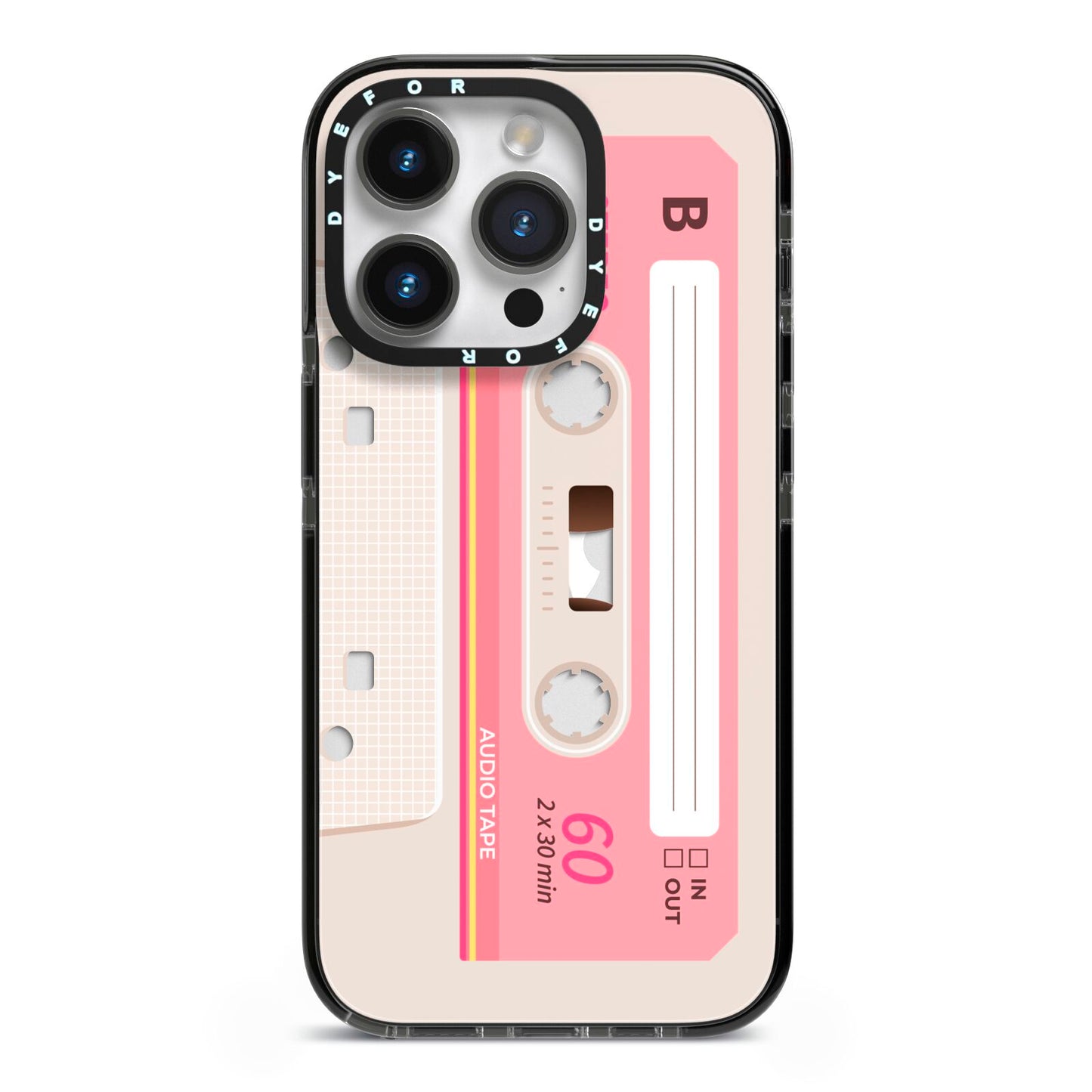 Retro Pink Tape iPhone 14 Pro Black Impact Case on Silver phone