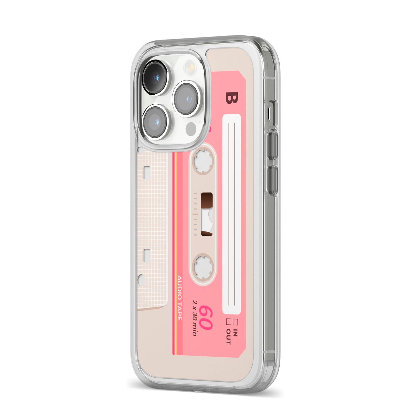 Retro Pink Tape iPhone 14 Pro Clear Tough Case Silver Angled Image