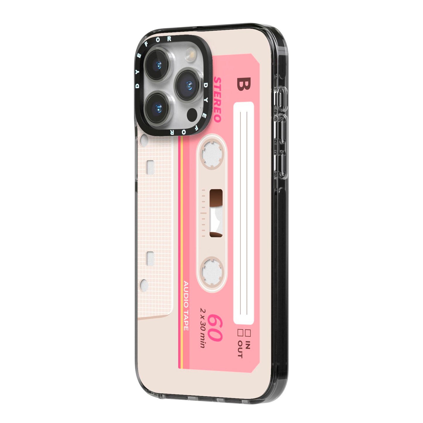 Retro Pink Tape iPhone 14 Pro Max Black Impact Case Side Angle on Silver phone