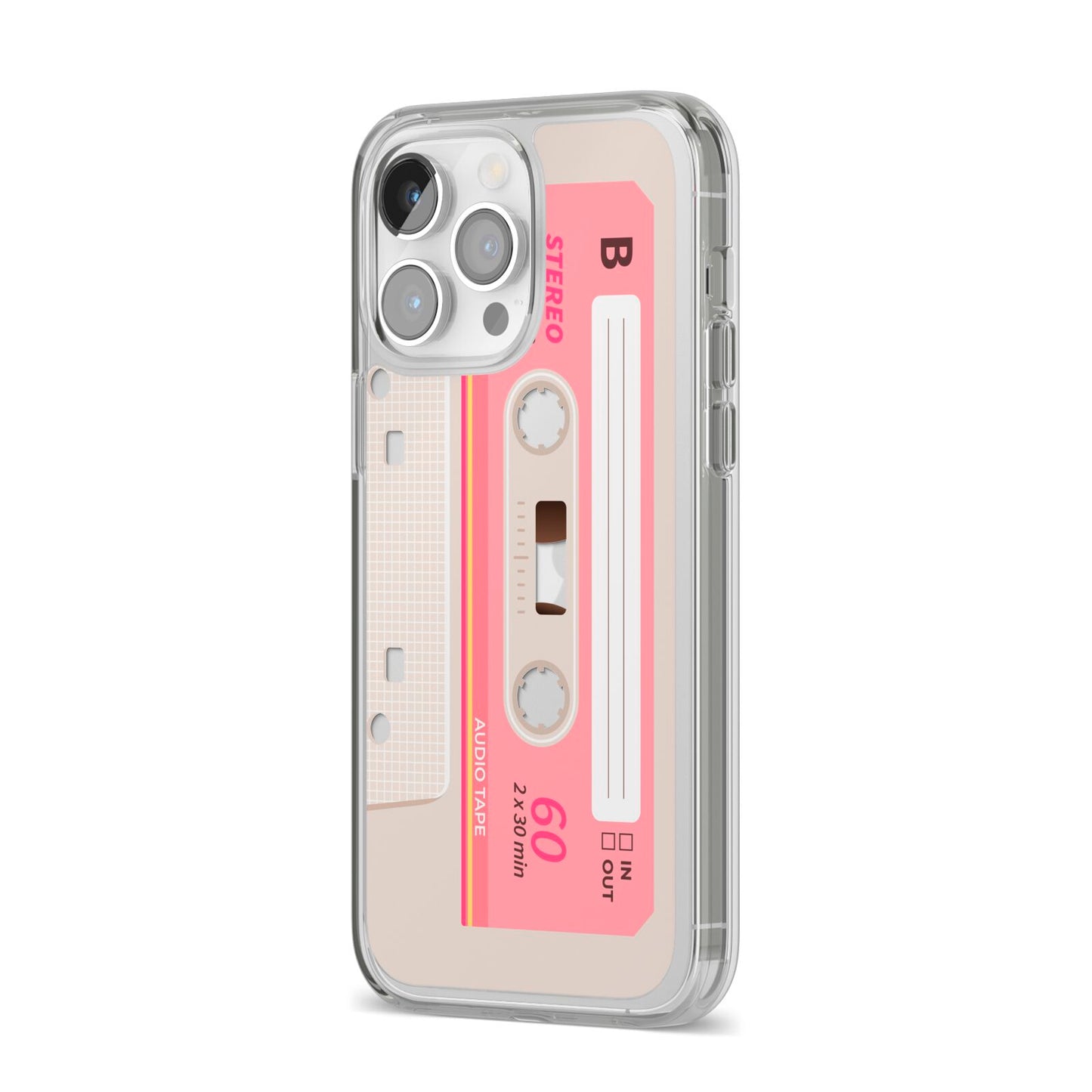 Retro Pink Tape iPhone 14 Pro Max Clear Tough Case Silver Angled Image