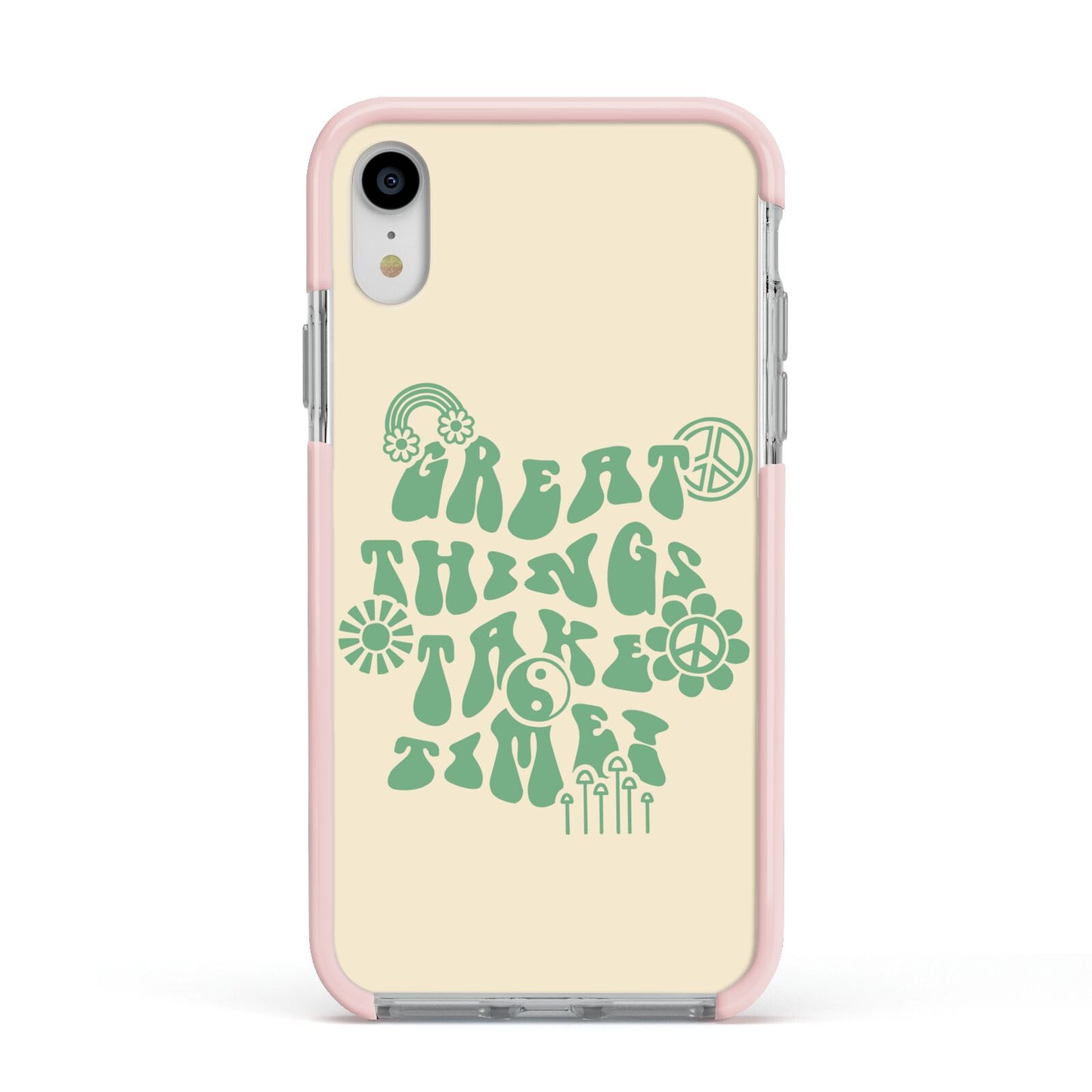 Retro Positive Quote Apple iPhone XR Impact Case Pink Edge on Silver Phone