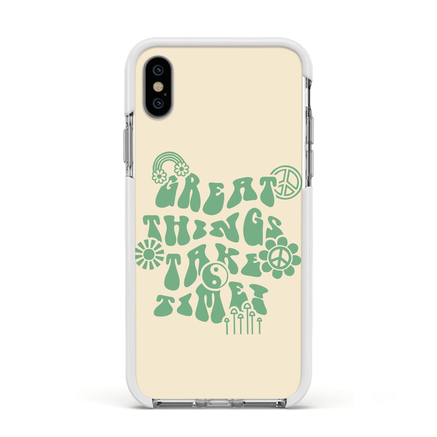 Retro Positive Quote Apple iPhone Xs Impact Case White Edge on Silver Phone