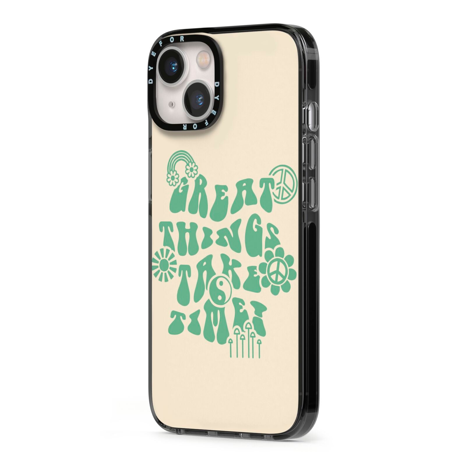 Retro Positive Quote iPhone 13 Black Impact Case Side Angle on Silver phone