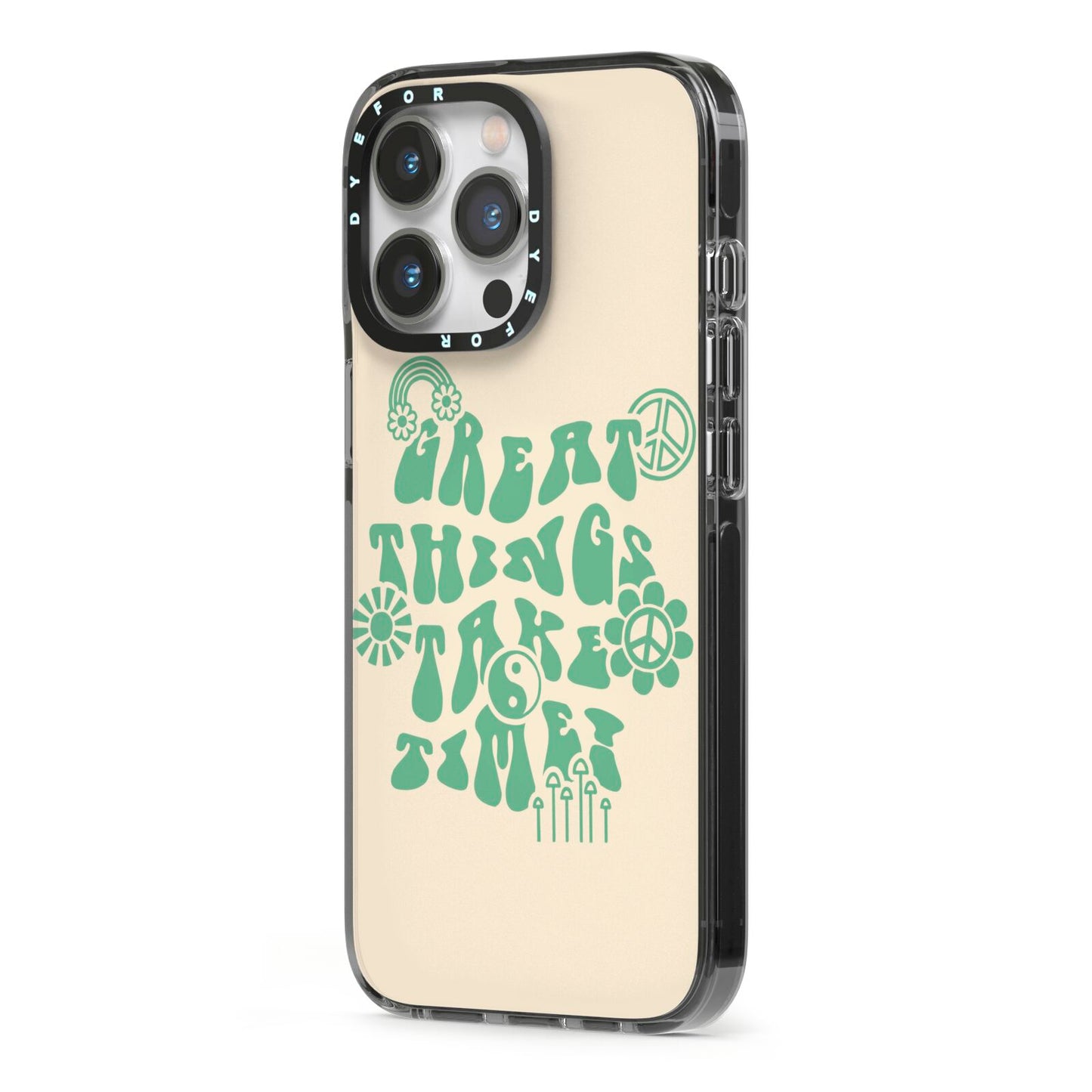 Retro Positive Quote iPhone 13 Pro Black Impact Case Side Angle on Silver phone