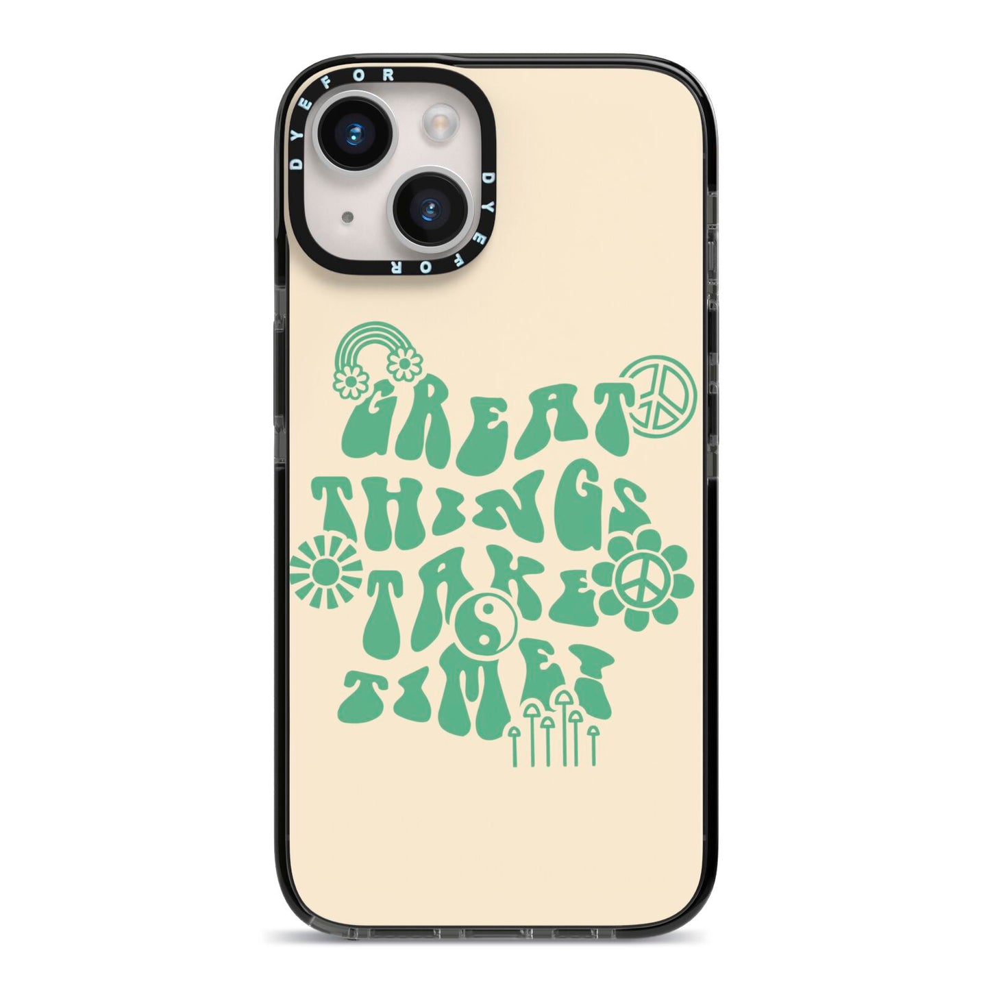 Retro Positive Quote iPhone 14 Black Impact Case on Silver phone