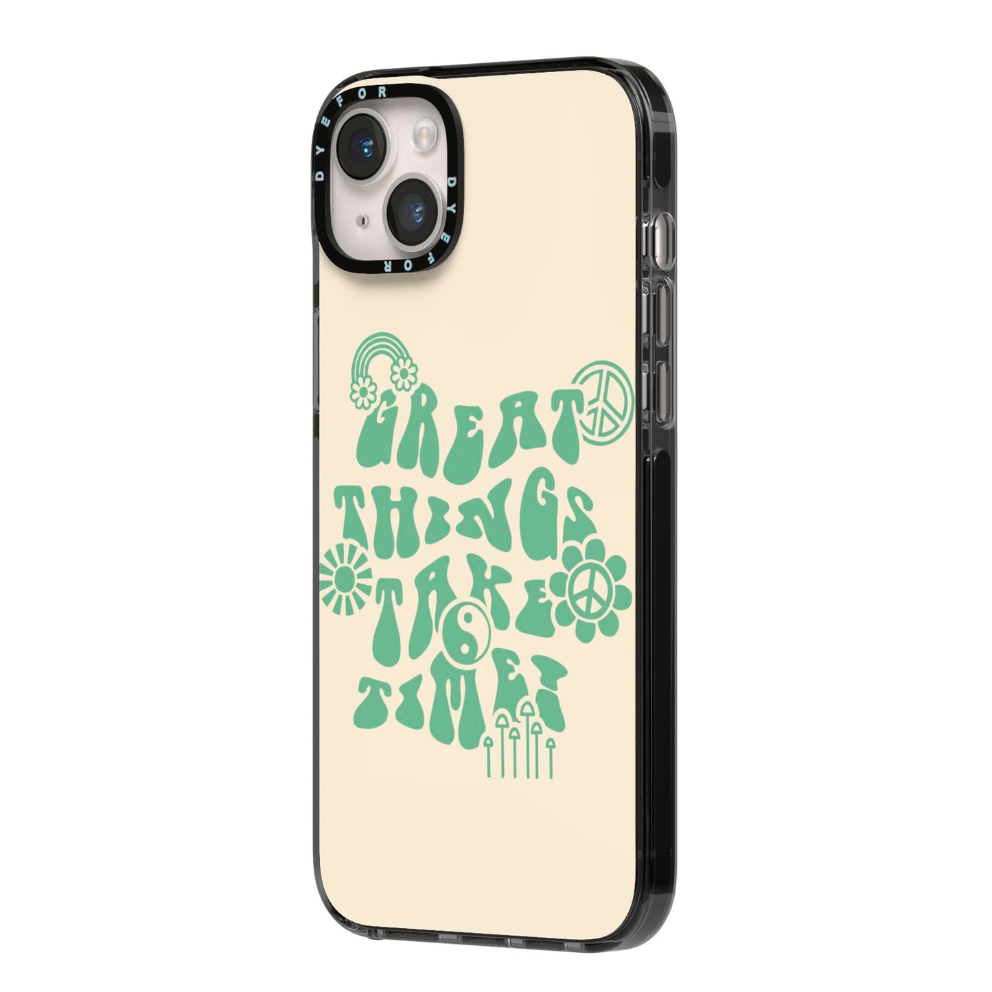 Retro Positive Quote iPhone 14 Plus Black Impact Case Side Angle on Silver phone