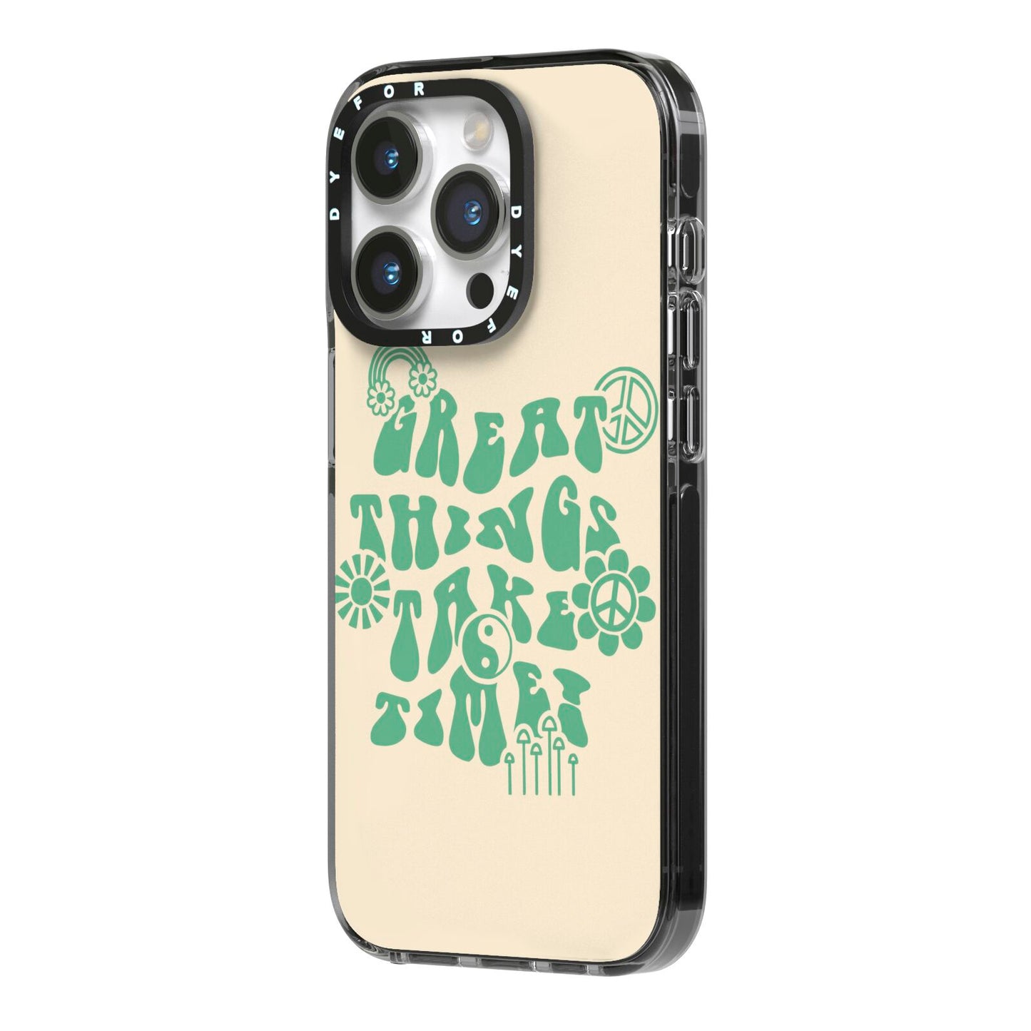 Retro Positive Quote iPhone 14 Pro Black Impact Case Side Angle on Silver phone