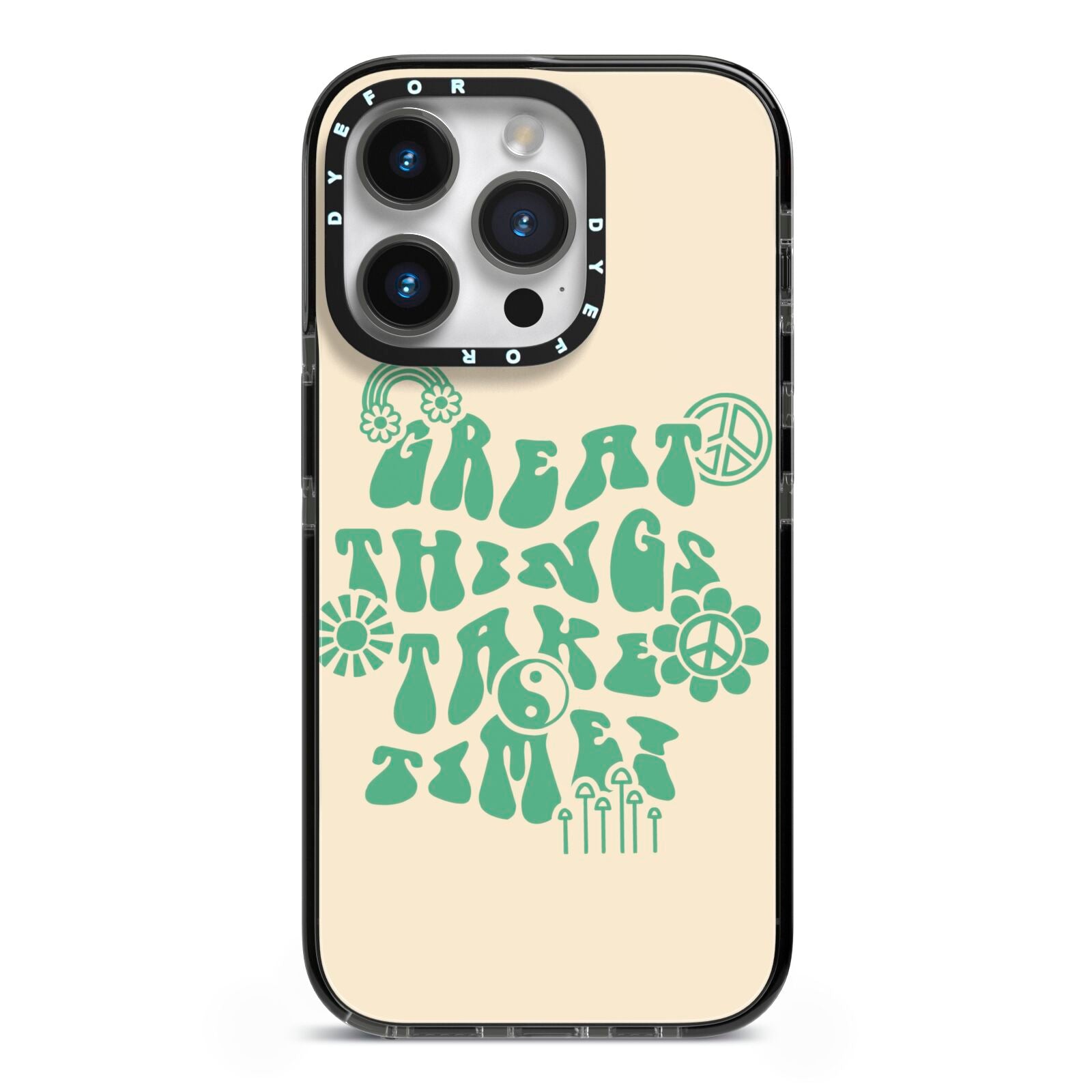 Retro Positive Quote iPhone 14 Pro Black Impact Case on Silver phone