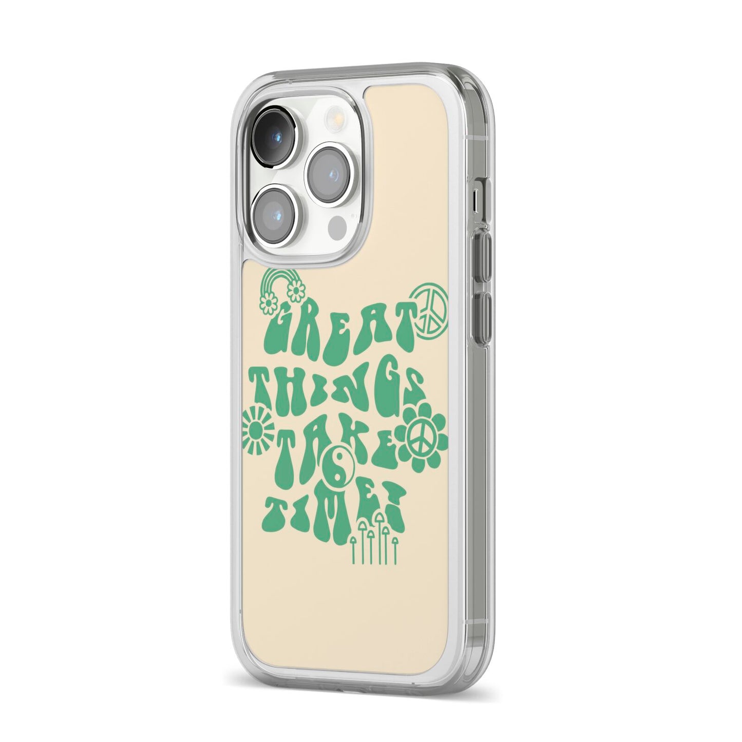 Retro Positive Quote iPhone 14 Pro Clear Tough Case Silver Angled Image