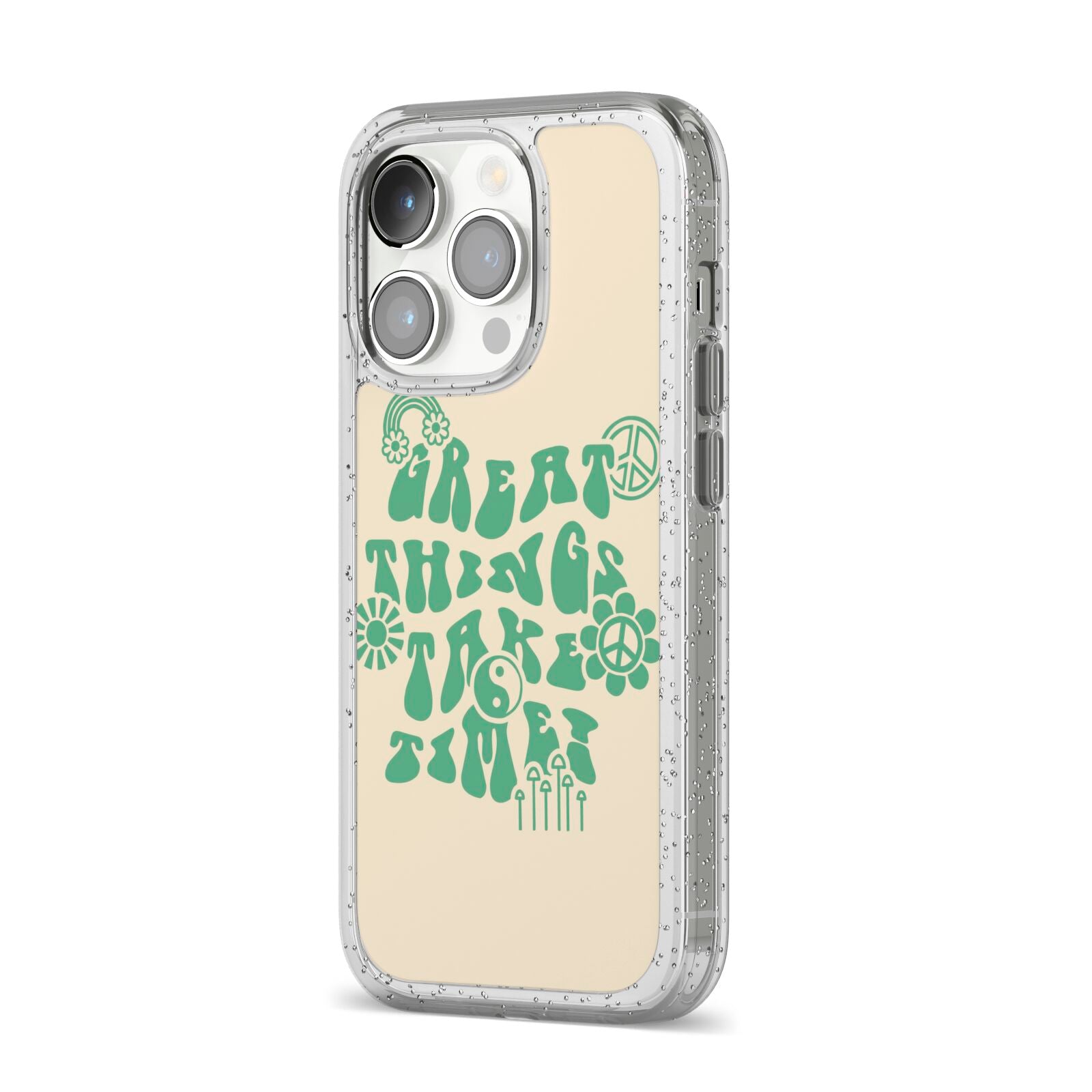 Retro Positive Quote iPhone 14 Pro Glitter Tough Case Silver Angled Image