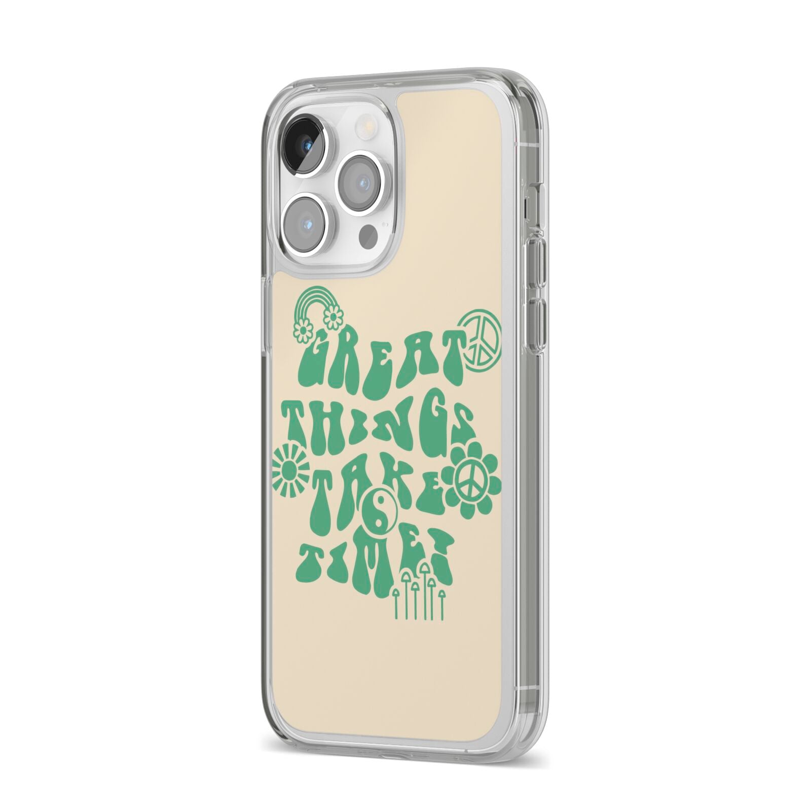 Retro Positive Quote iPhone 14 Pro Max Clear Tough Case Silver Angled Image