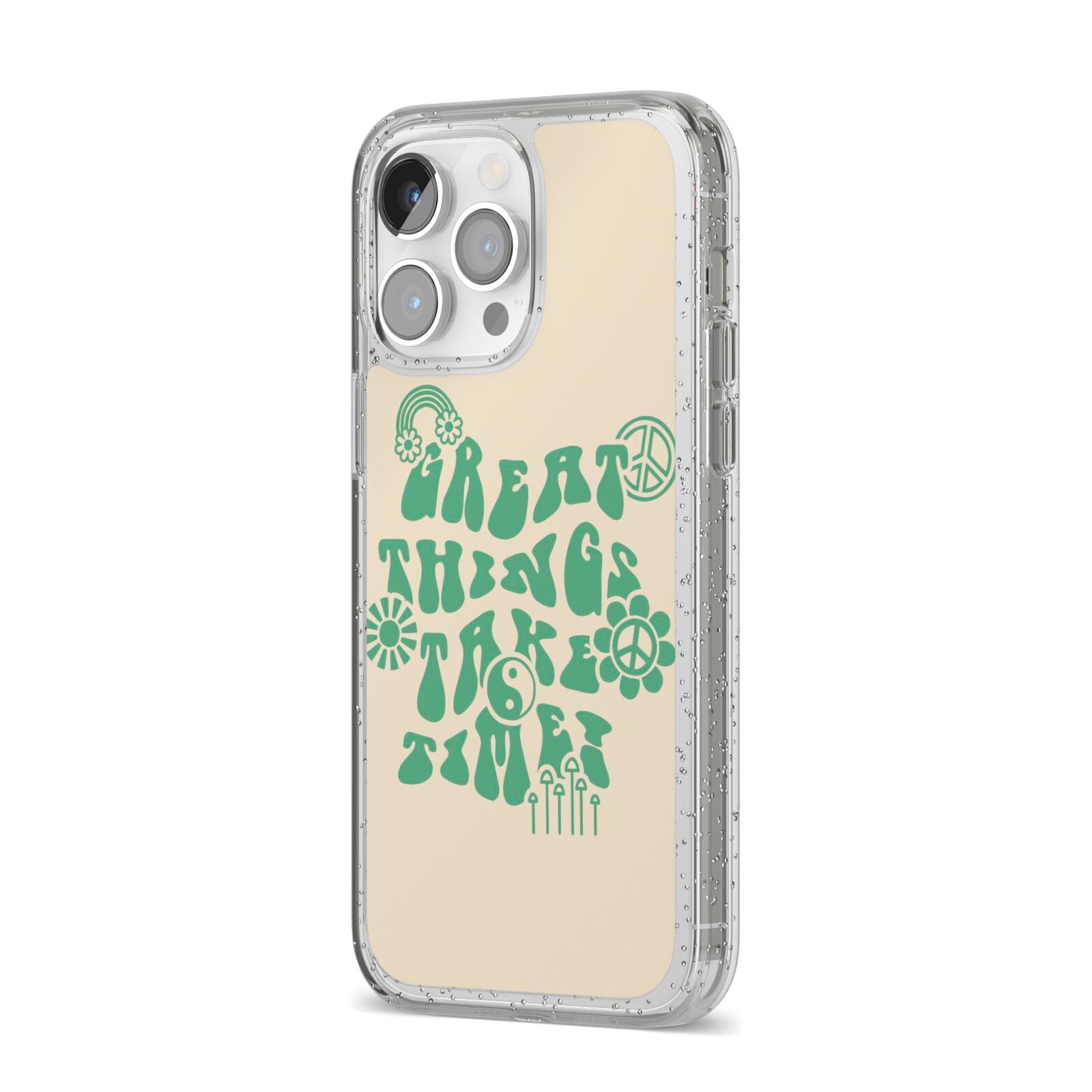 Retro Positive Quote iPhone 14 Pro Max Glitter Tough Case Silver Angled Image