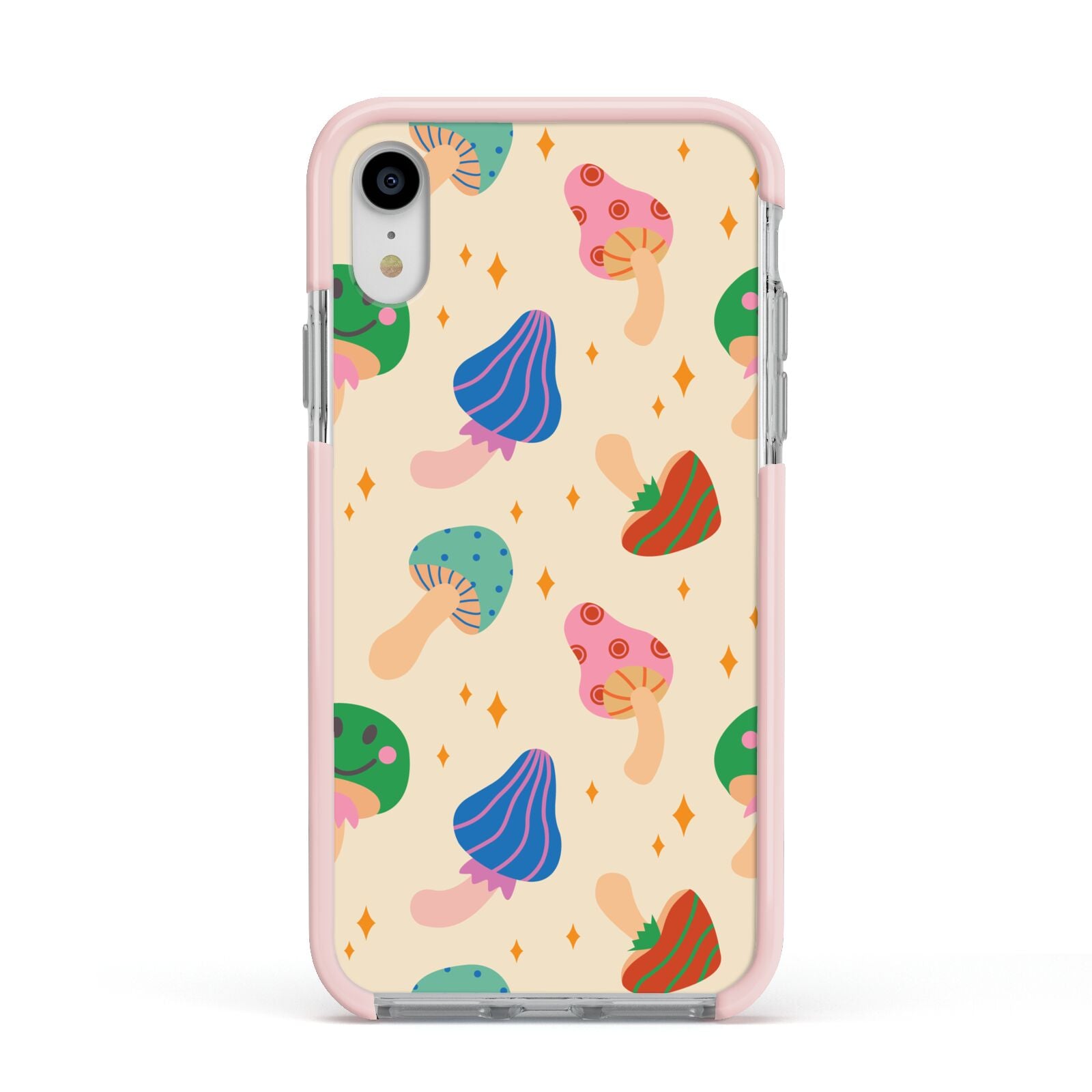 Retro Psychedelic Mushrooms Apple iPhone XR Impact Case Pink Edge on Silver Phone