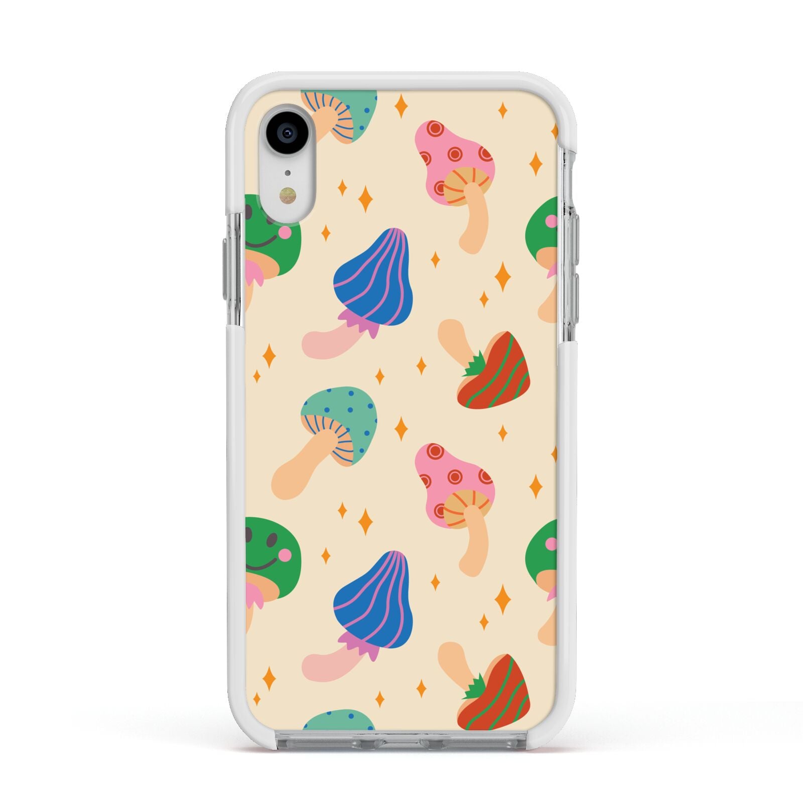 Retro Psychedelic Mushrooms Apple iPhone XR Impact Case White Edge on Silver Phone