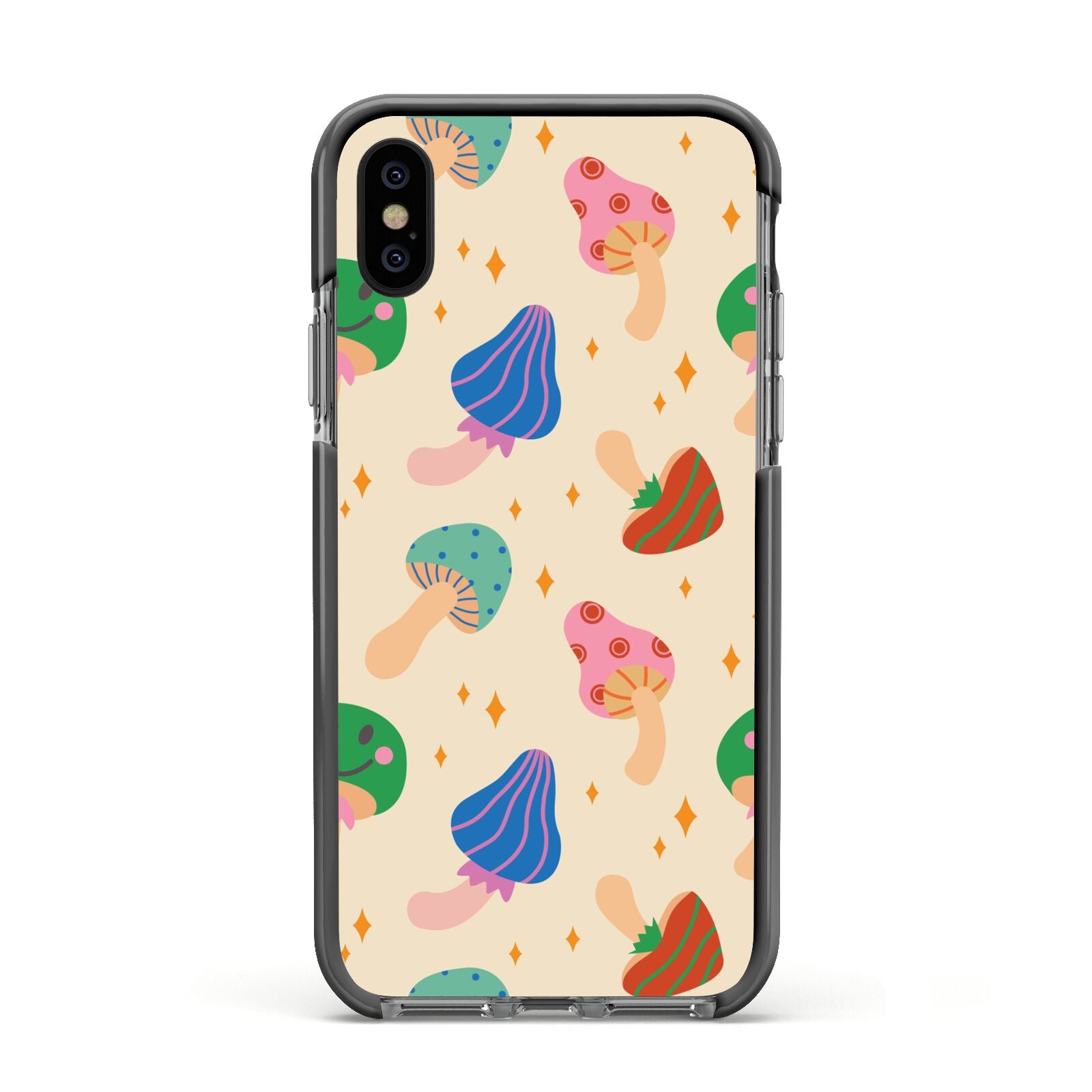 Retro Psychedelic Mushrooms Apple iPhone Xs Impact Case Black Edge on Black Phone