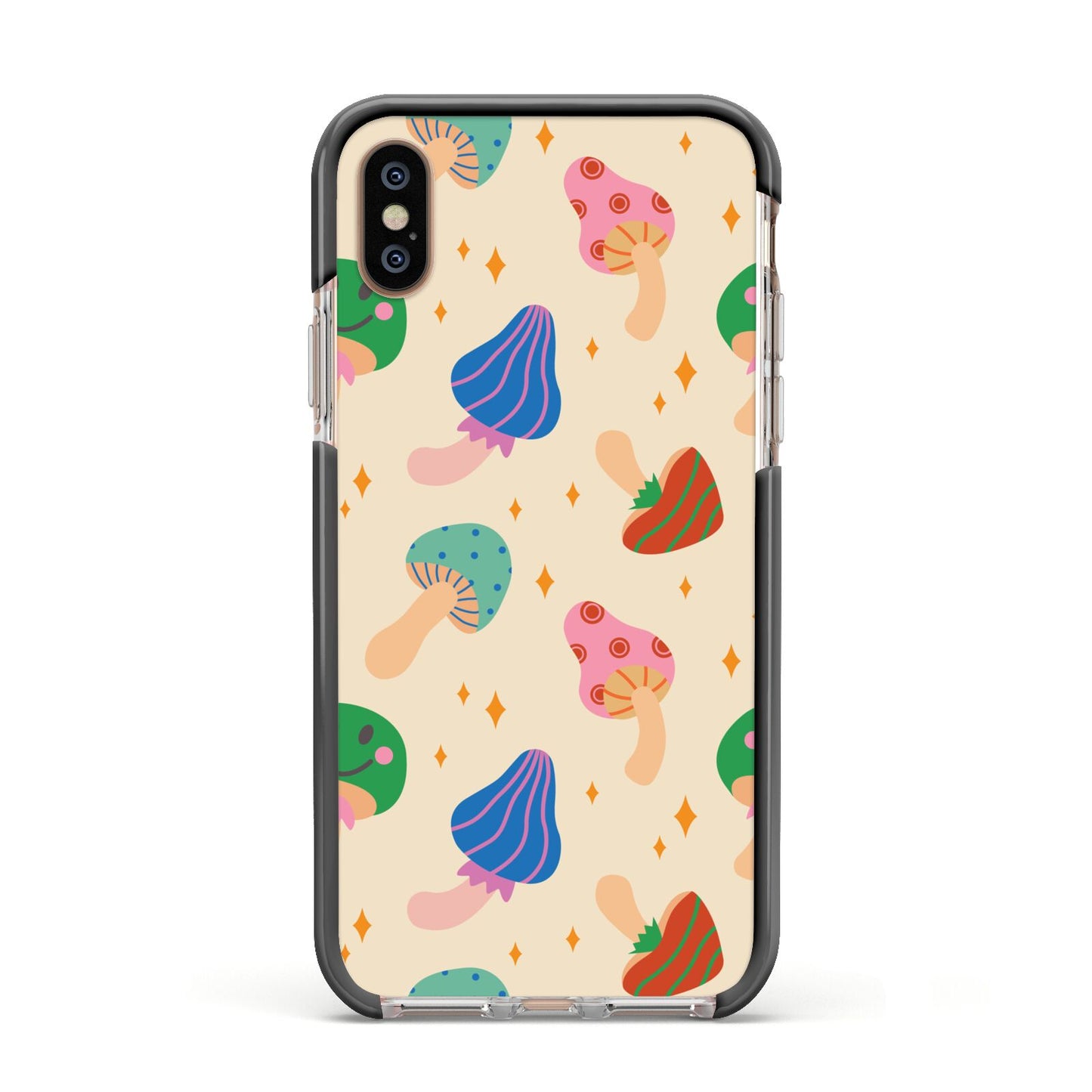 Retro Psychedelic Mushrooms Apple iPhone Xs Impact Case Black Edge on Gold Phone