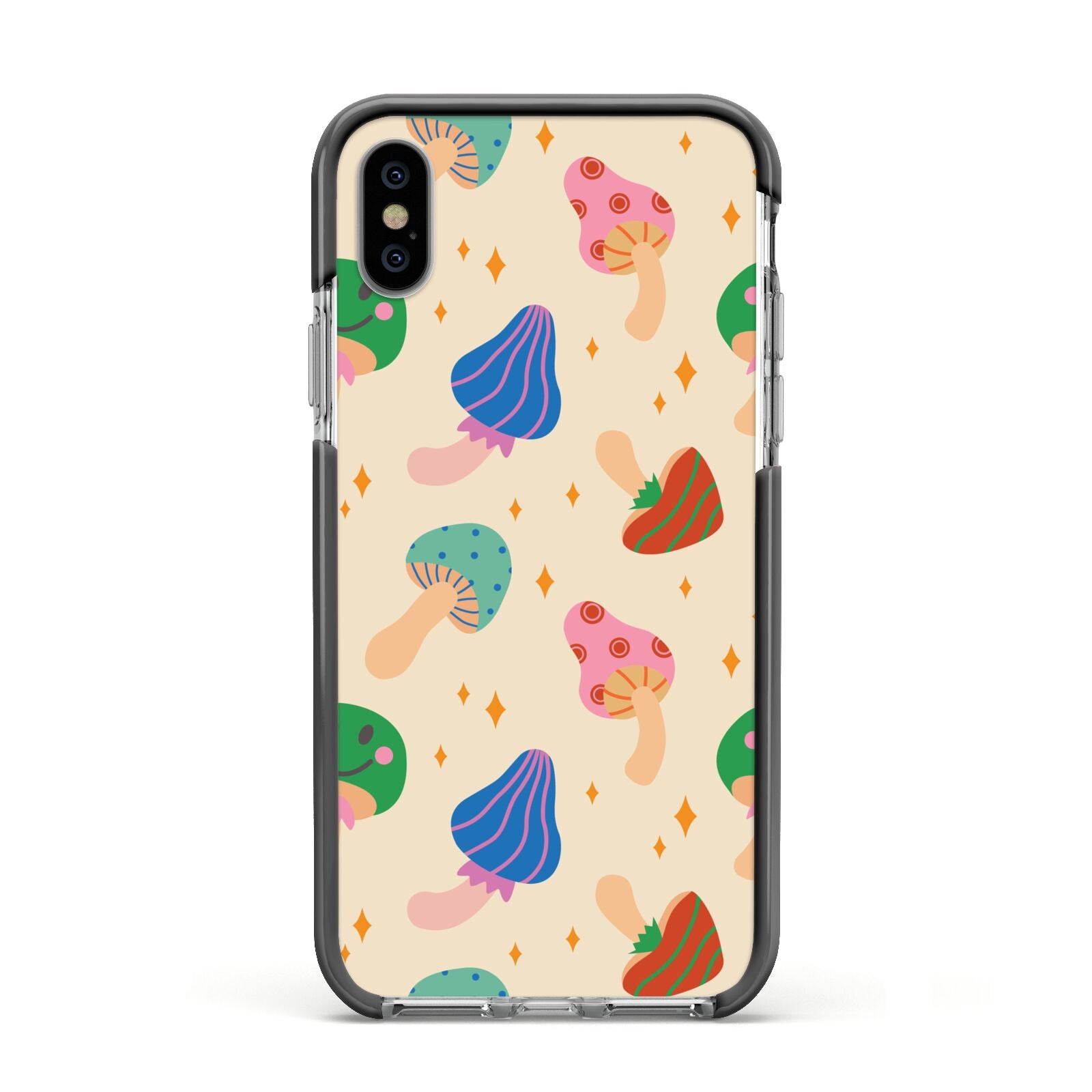 Retro Psychedelic Mushrooms Apple iPhone Xs Impact Case Black Edge on Silver Phone