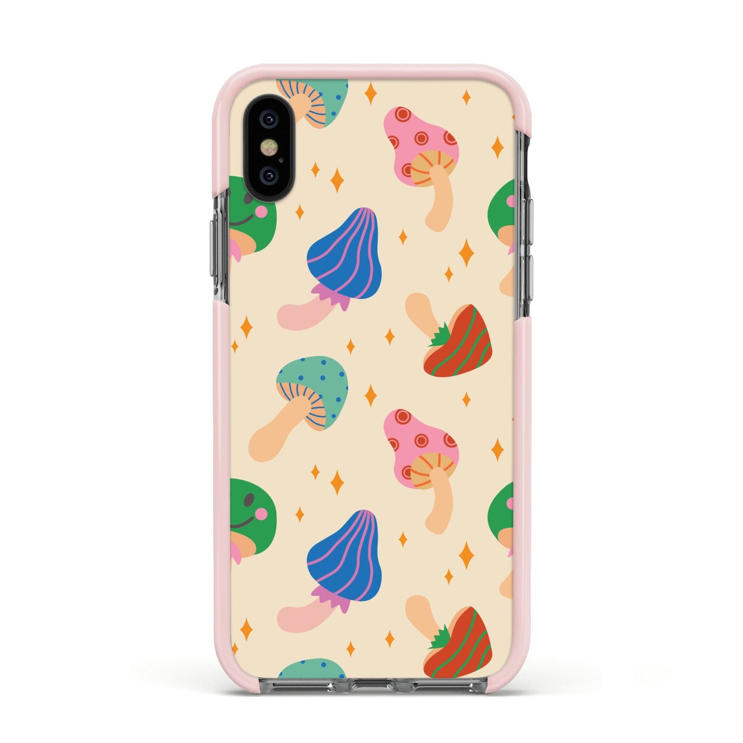 Retro Psychedelic Mushrooms Apple iPhone Xs Impact Case Pink Edge on Black Phone