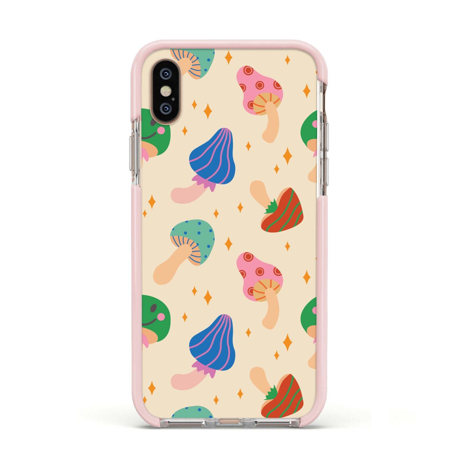 Retro Psychedelic Mushrooms Apple iPhone Xs Impact Case Pink Edge on Gold Phone