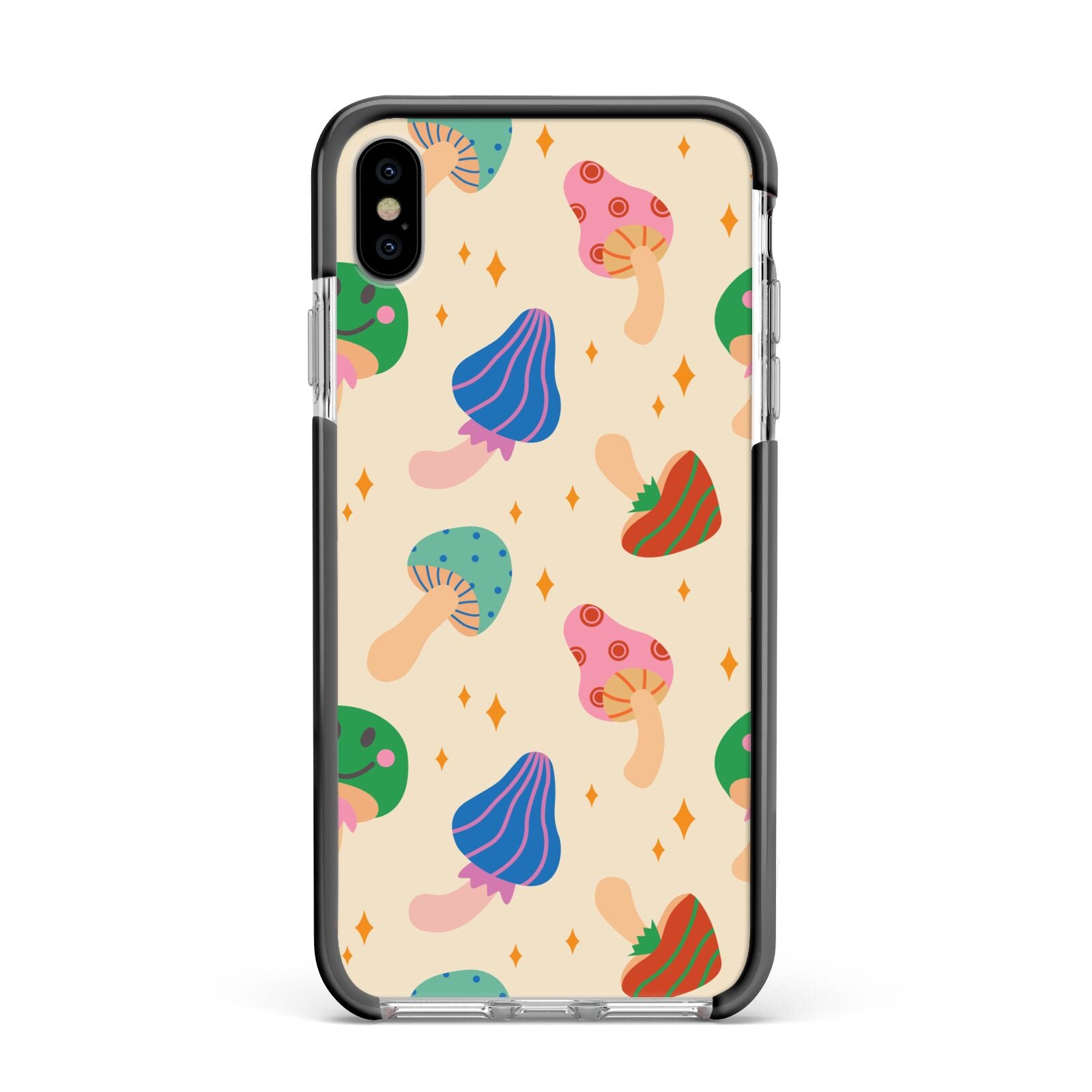 Retro Psychedelic Mushrooms Apple iPhone Xs Max Impact Case Black Edge on Silver Phone