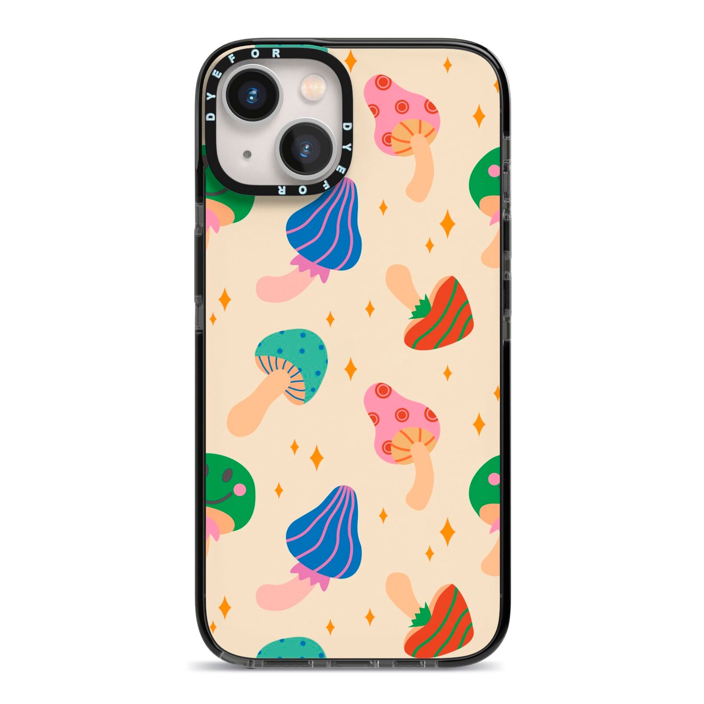 Retro Psychedelic Mushrooms iPhone 13 Black Impact Case on Silver phone