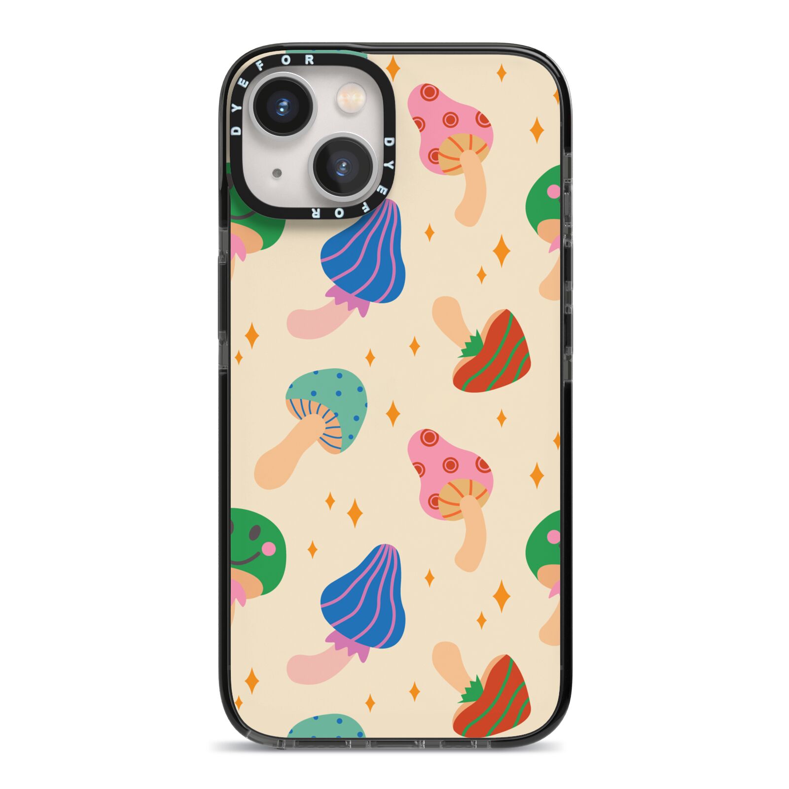 Retro Psychedelic Mushrooms iPhone 13 Black Impact Case on Silver phone