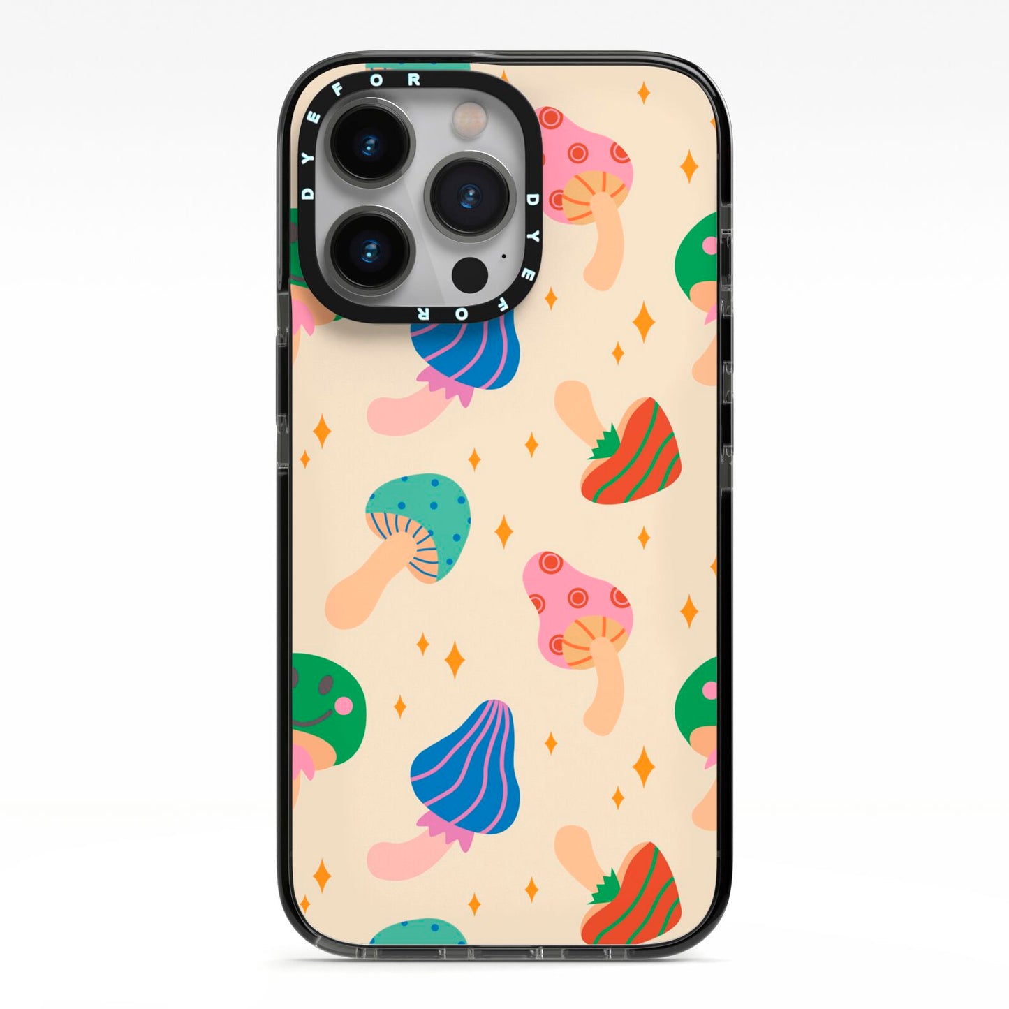 Retro Psychedelic Mushrooms iPhone 13 Pro Black Impact Case on Silver phone