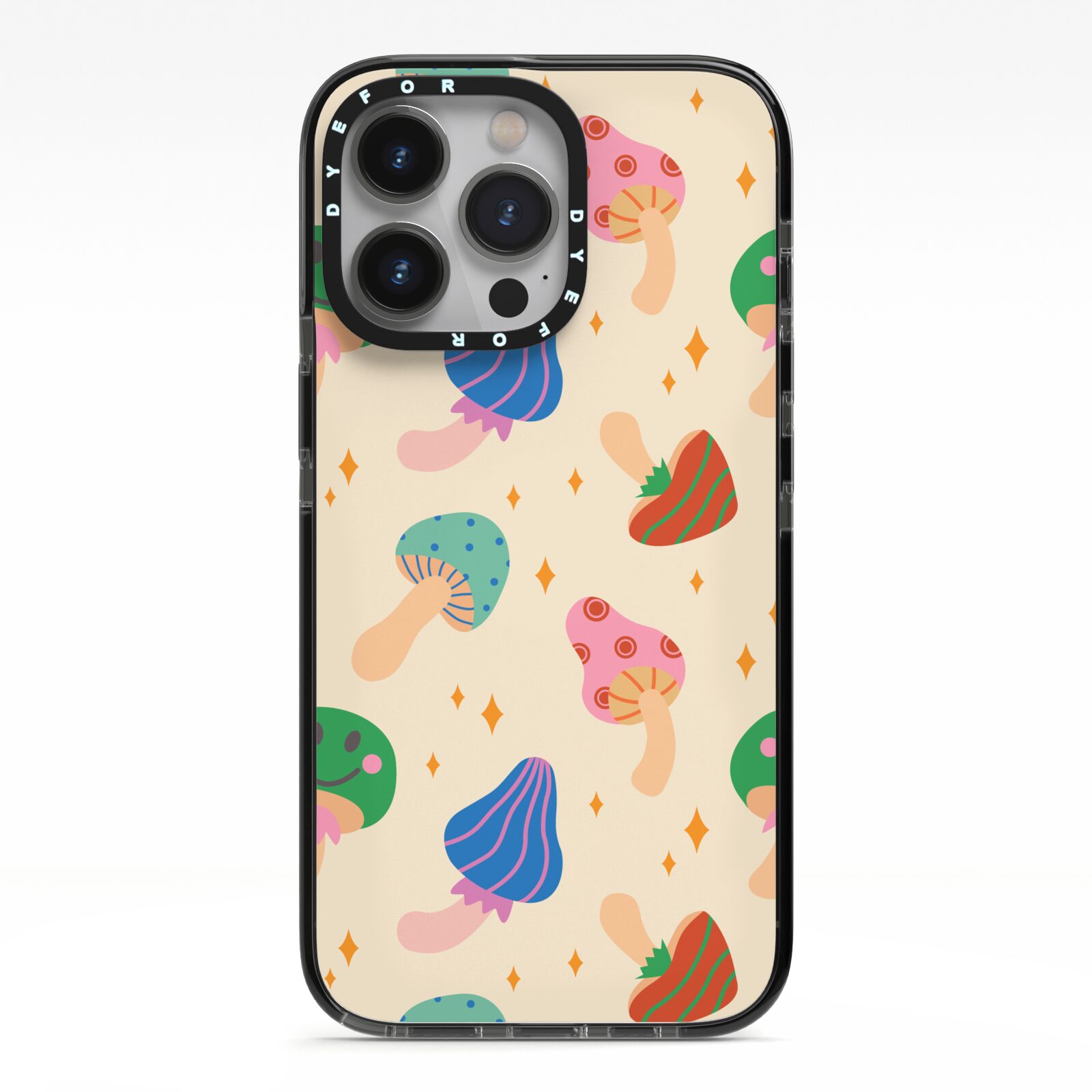 Retro Psychedelic Mushrooms iPhone 13 Pro Black Impact Case on Silver phone