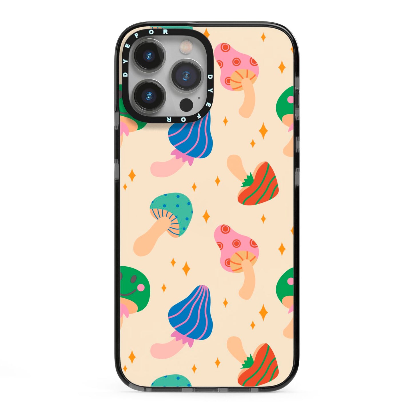 Retro Psychedelic Mushrooms iPhone 13 Pro Max Black Impact Case on Silver phone