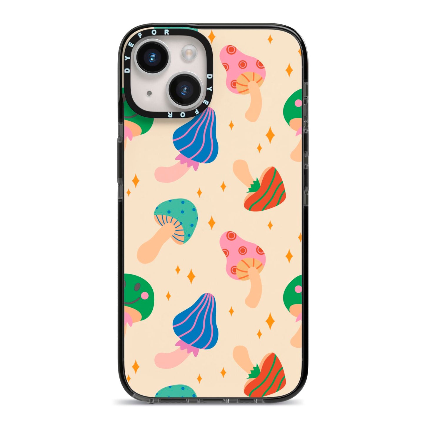 Retro Psychedelic Mushrooms iPhone 14 Black Impact Case on Silver phone