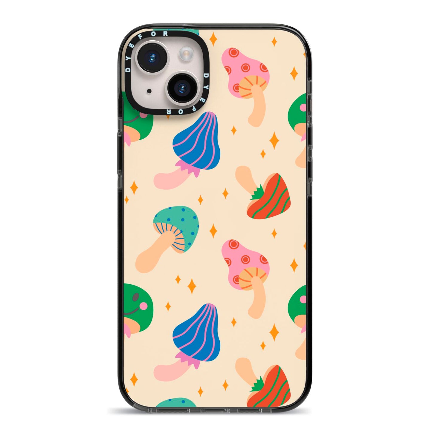 Retro Psychedelic Mushrooms iPhone 14 Plus Black Impact Case on Silver phone