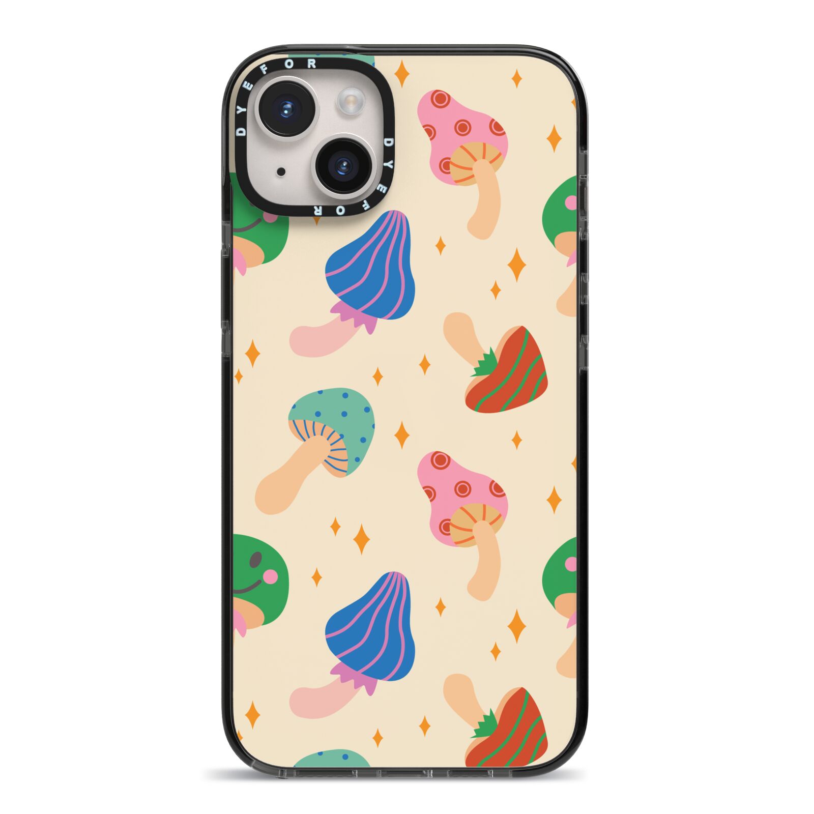 Retro Psychedelic Mushrooms iPhone 14 Plus Black Impact Case on Silver phone