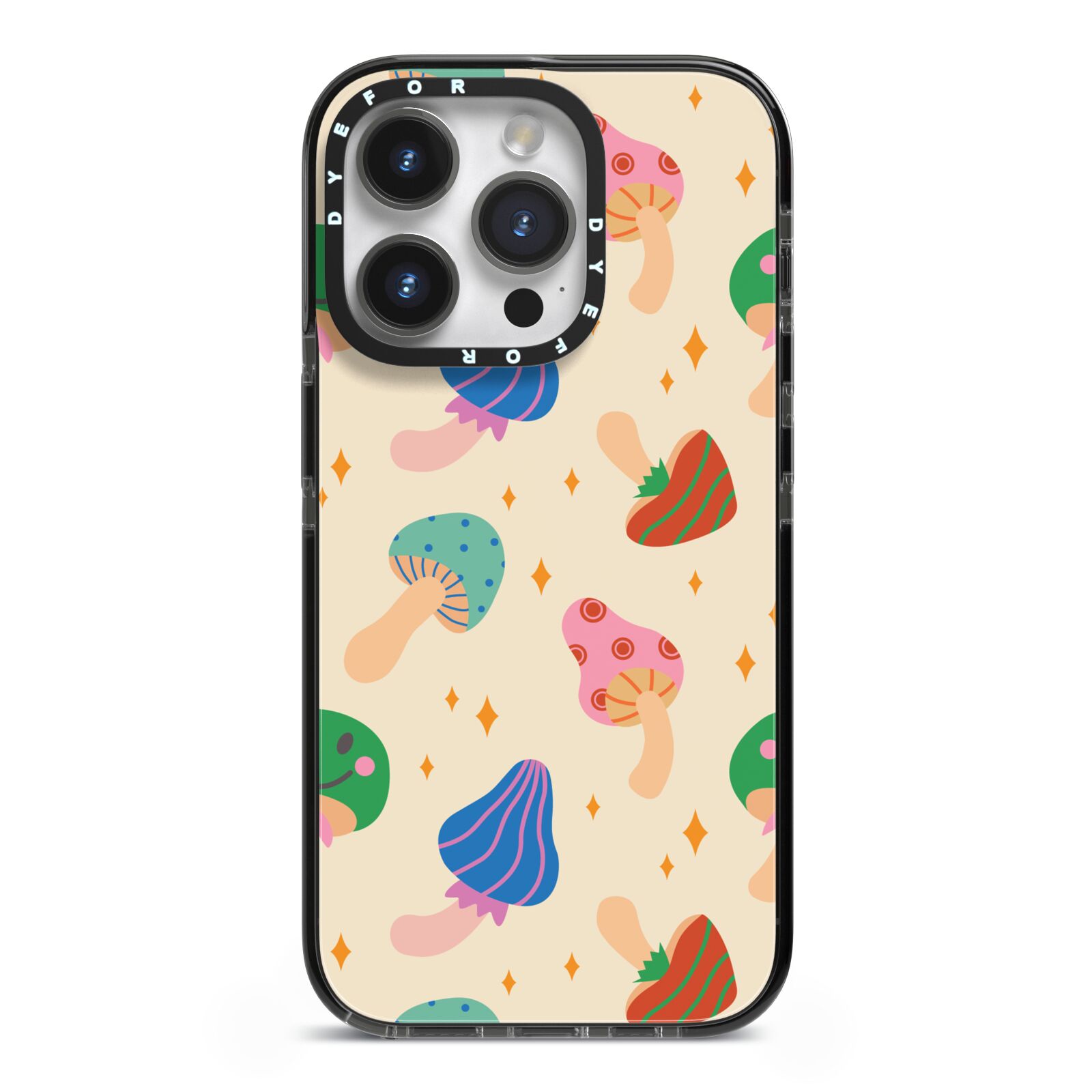 Retro Psychedelic Mushrooms iPhone 14 Pro Black Impact Case on Silver phone