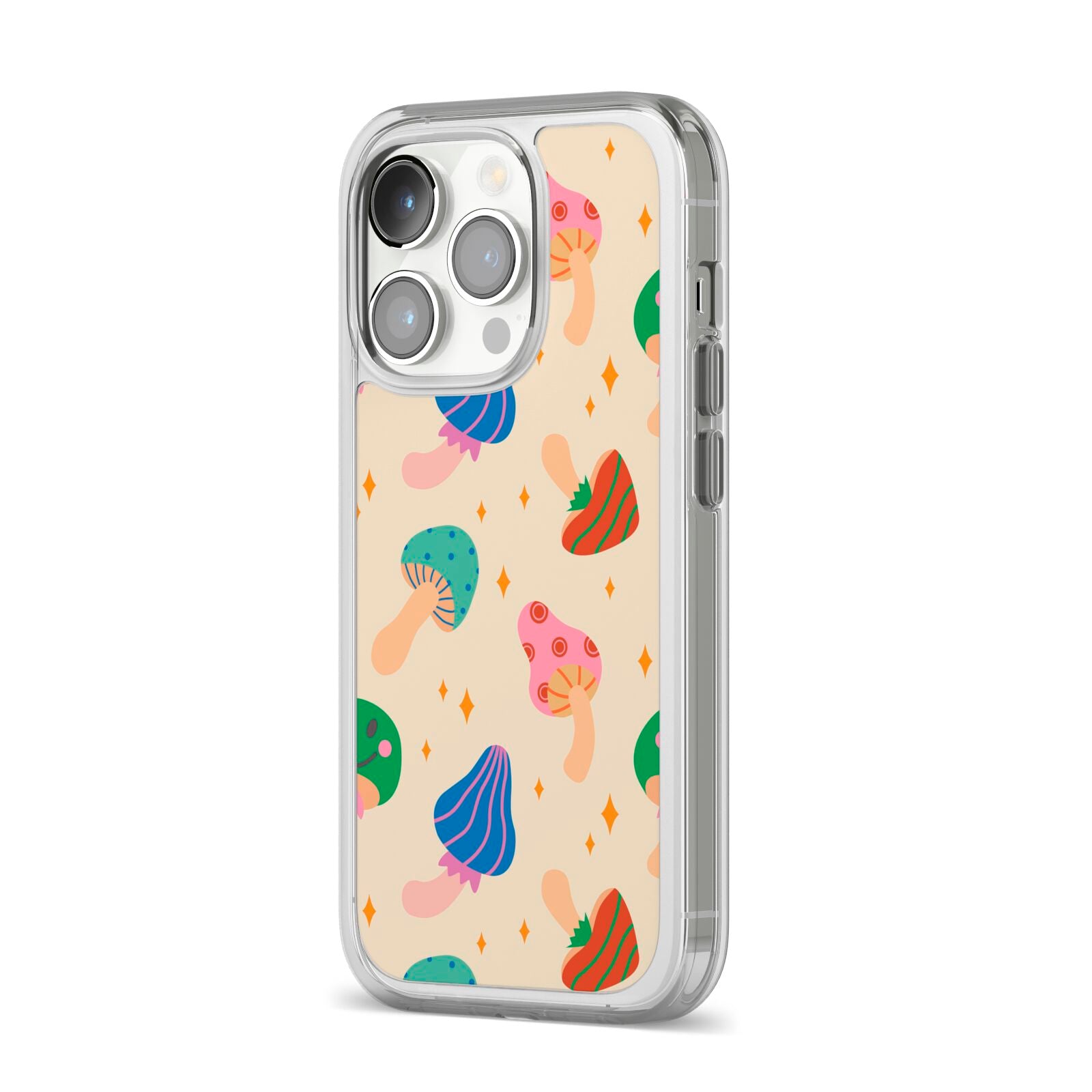 Retro Psychedelic Mushrooms iPhone 14 Pro Clear Tough Case Silver Angled Image