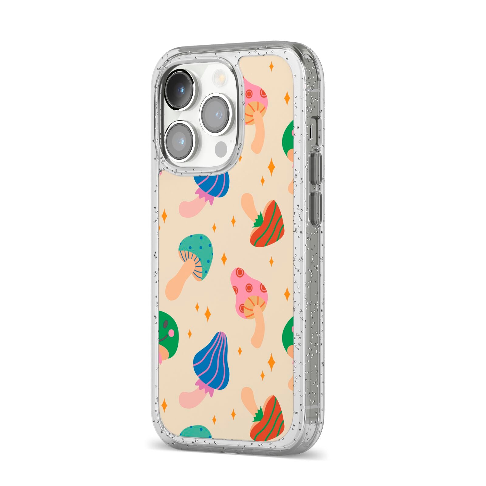 Retro Psychedelic Mushrooms iPhone 14 Pro Glitter Tough Case Silver Angled Image