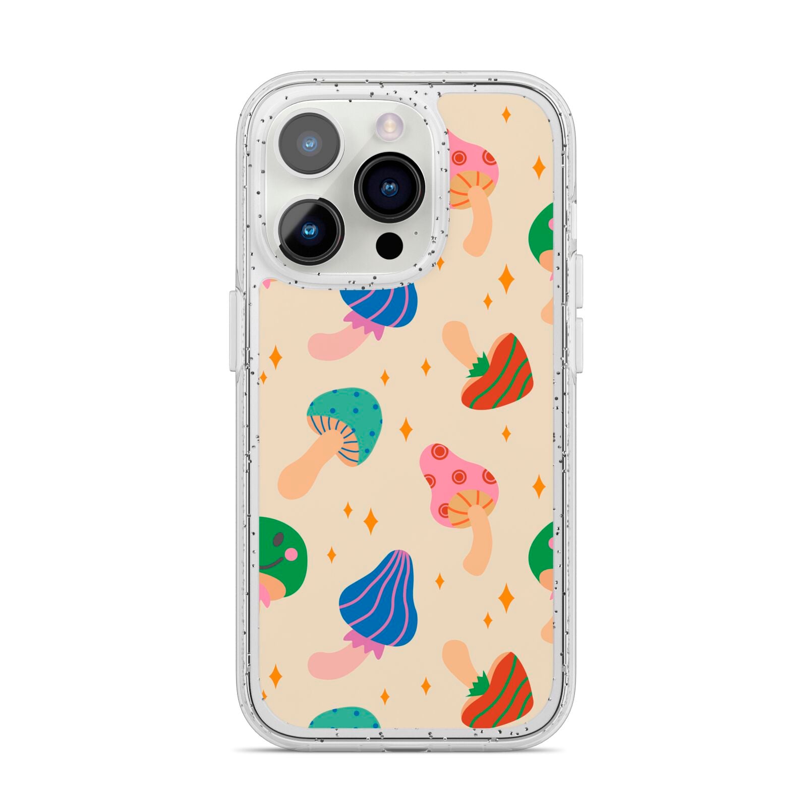 Retro Psychedelic Mushrooms iPhone 14 Pro Glitter Tough Case Silver