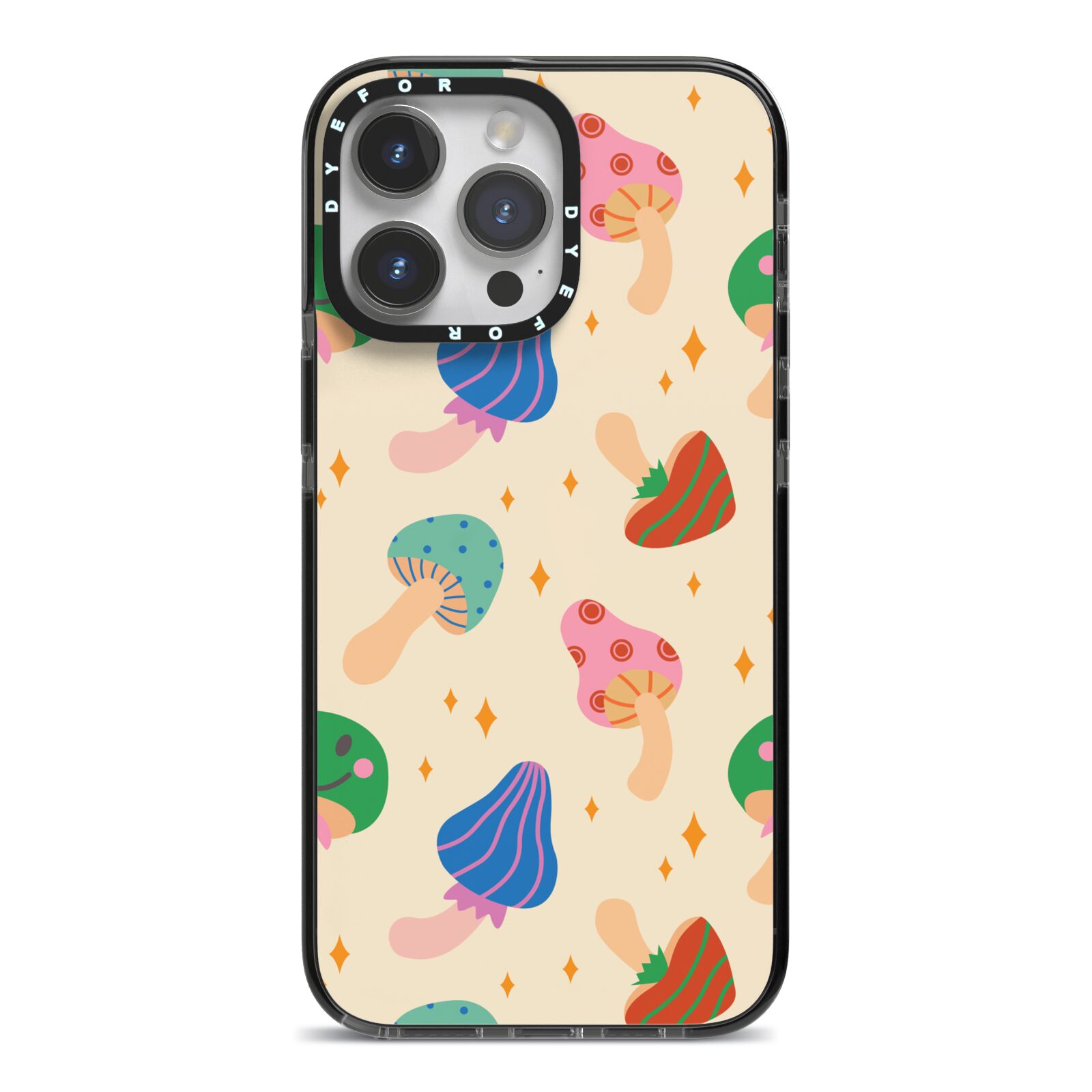 Retro Psychedelic Mushrooms iPhone 14 Pro Max Black Impact Case on Silver phone