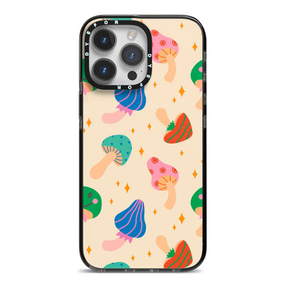 Retro Psychedelic Mushrooms iPhone 14 Pro Max Black Impact Case on Silver phone