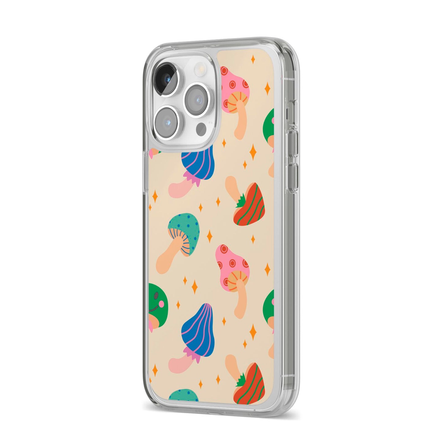 Retro Psychedelic Mushrooms iPhone 14 Pro Max Clear Tough Case Silver Angled Image